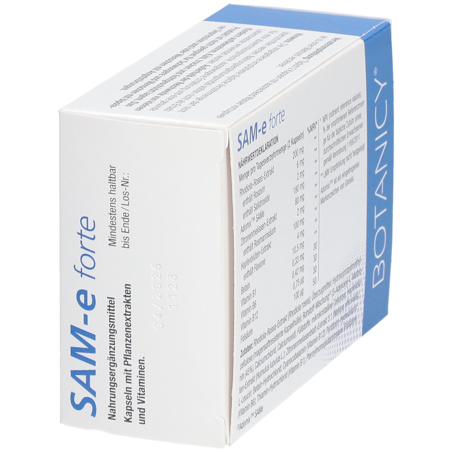 Botanicy SAM-e forte Packung. Enthält 60 magensaftresistente Kapseln. Mit Adomix. Nahrungsergänzungsmittel.