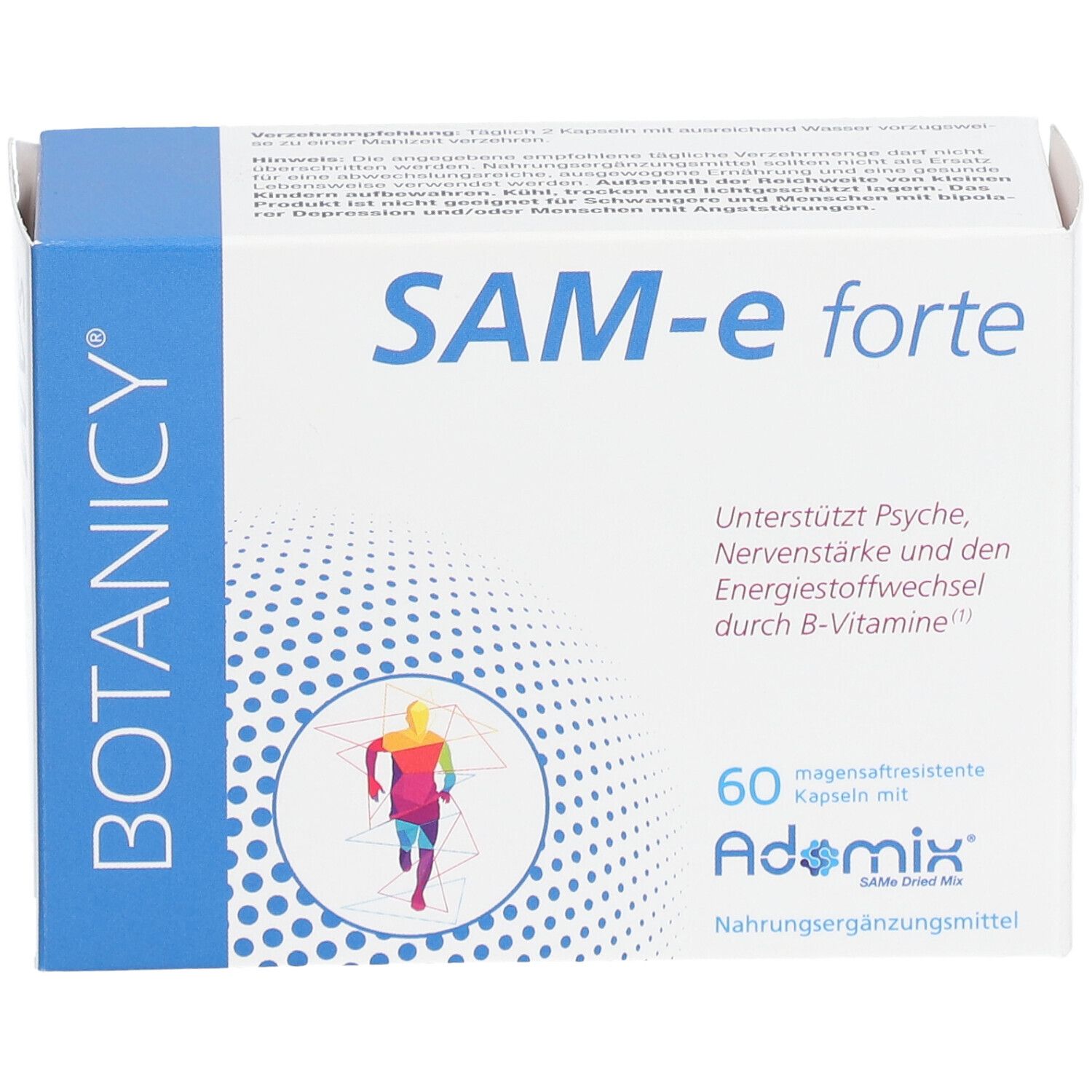 Botanicy SAM-e forte. Nährwertdeklaration. Inhaltsstoffe, Nährwerte, Verzehrempfehlung, Hinweise, Kontaktinformationen.