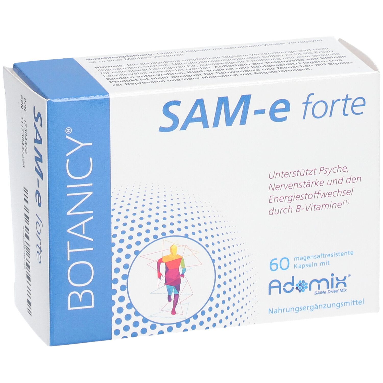 Botanicy SAM-e forte. Nährwertdeklaration. Inhaltsstoffe, Nährwerte, Verzehrempfehlung, Hinweise, Kontaktinformationen.