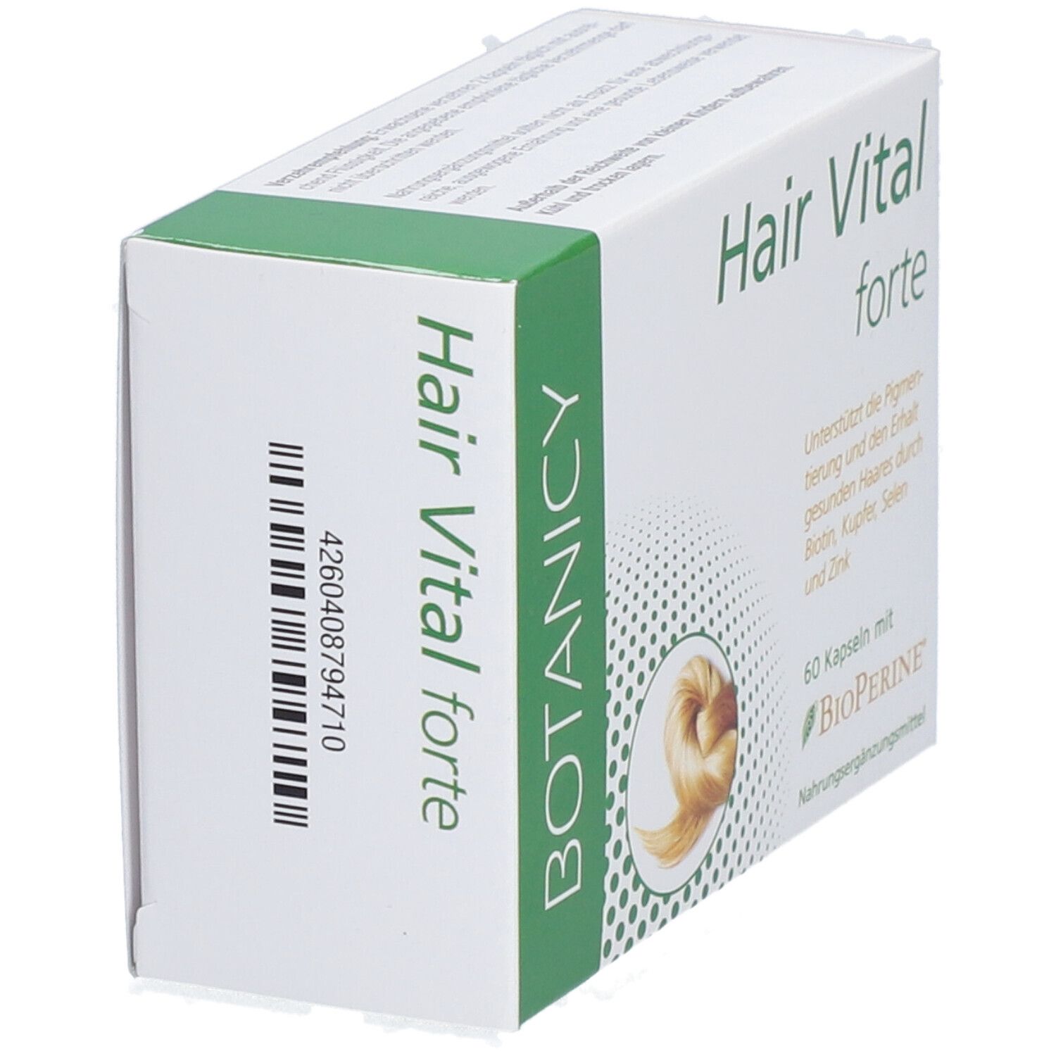 Schachtel Hair Vital forte. 60 Kapseln. Grün-weiße Verpackung. Produktansicht.