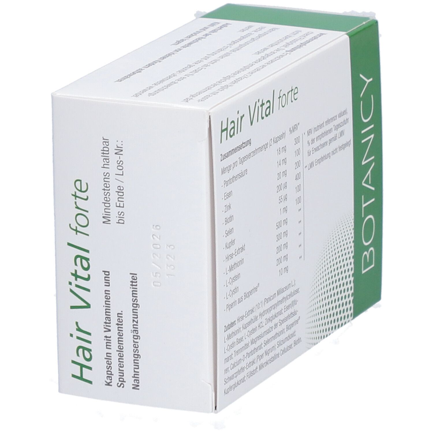 Schachtel Hair Vital forte. Seite mit Haltbarkeitsdatum. Grün-weiße Verpackung.