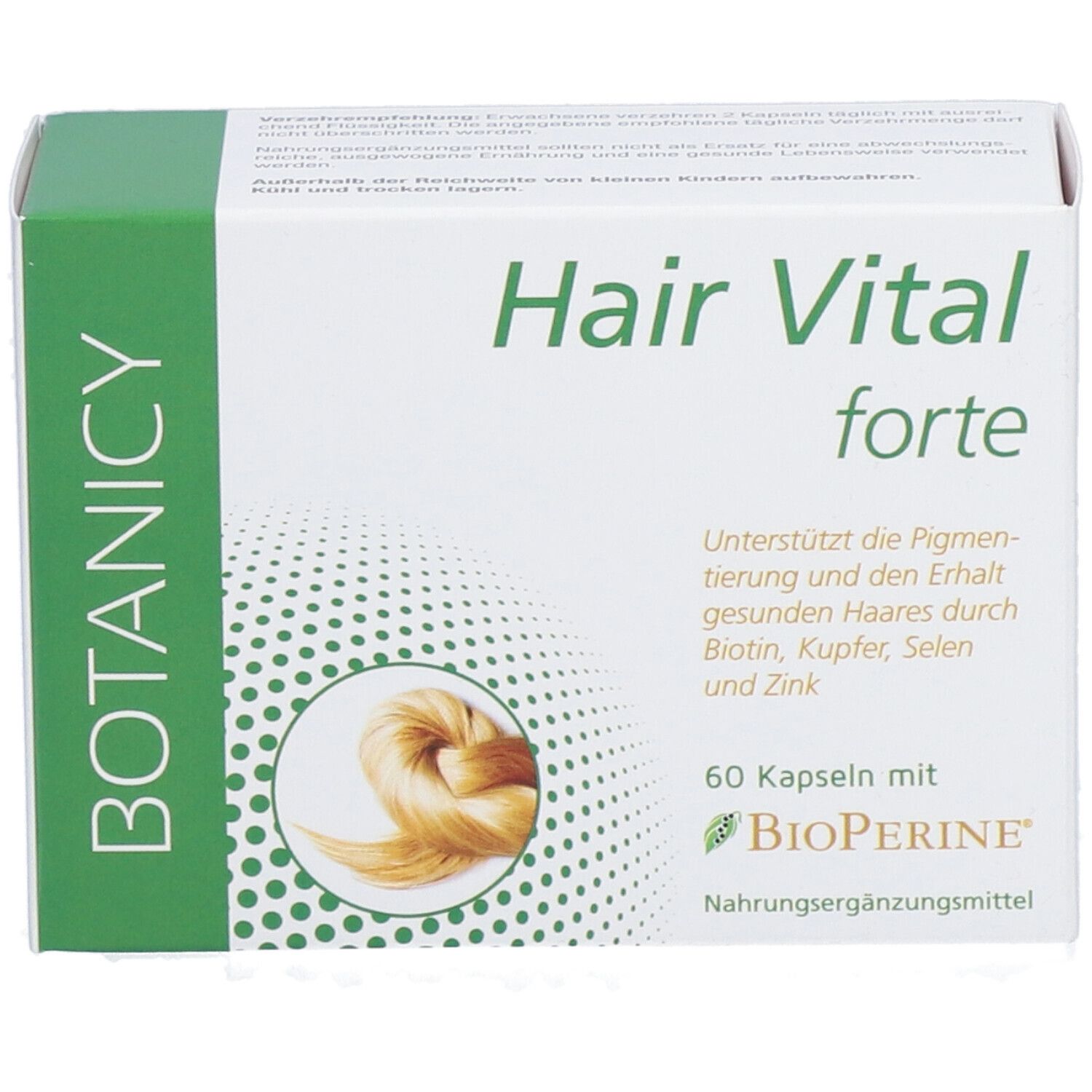Schachtel Hair Vital forte. 60 Kapseln. Grün-weiße Verpackung. Produktansicht.