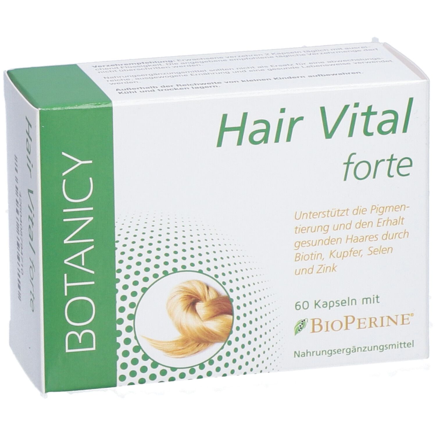 Schachtel Hair Vital forte. 60 Kapseln. Grün-weiße Verpackung. Produktansicht.