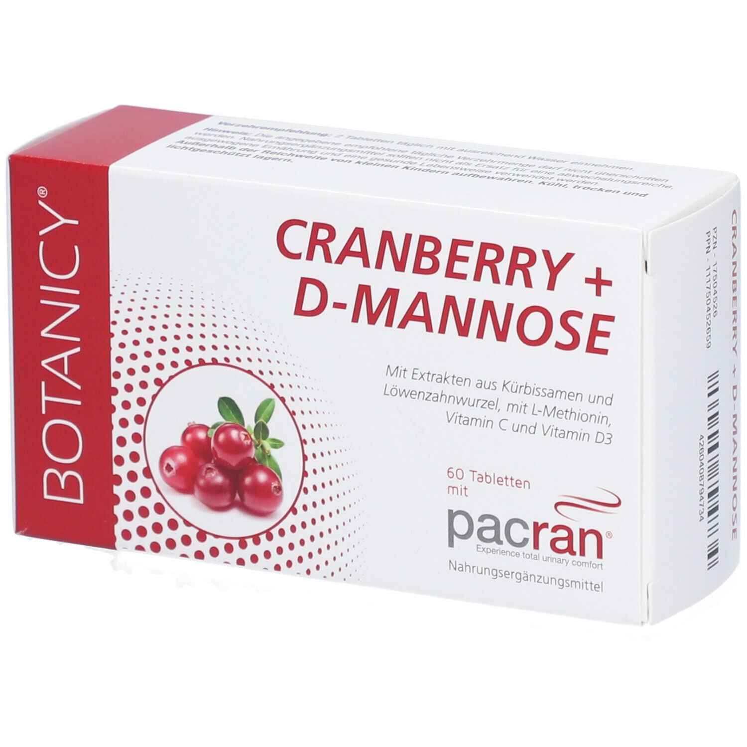 BOTANICY Cranberry + D-Mannose. 60 Tabletten. Cranberry-Abbildung. Mit pacran®.