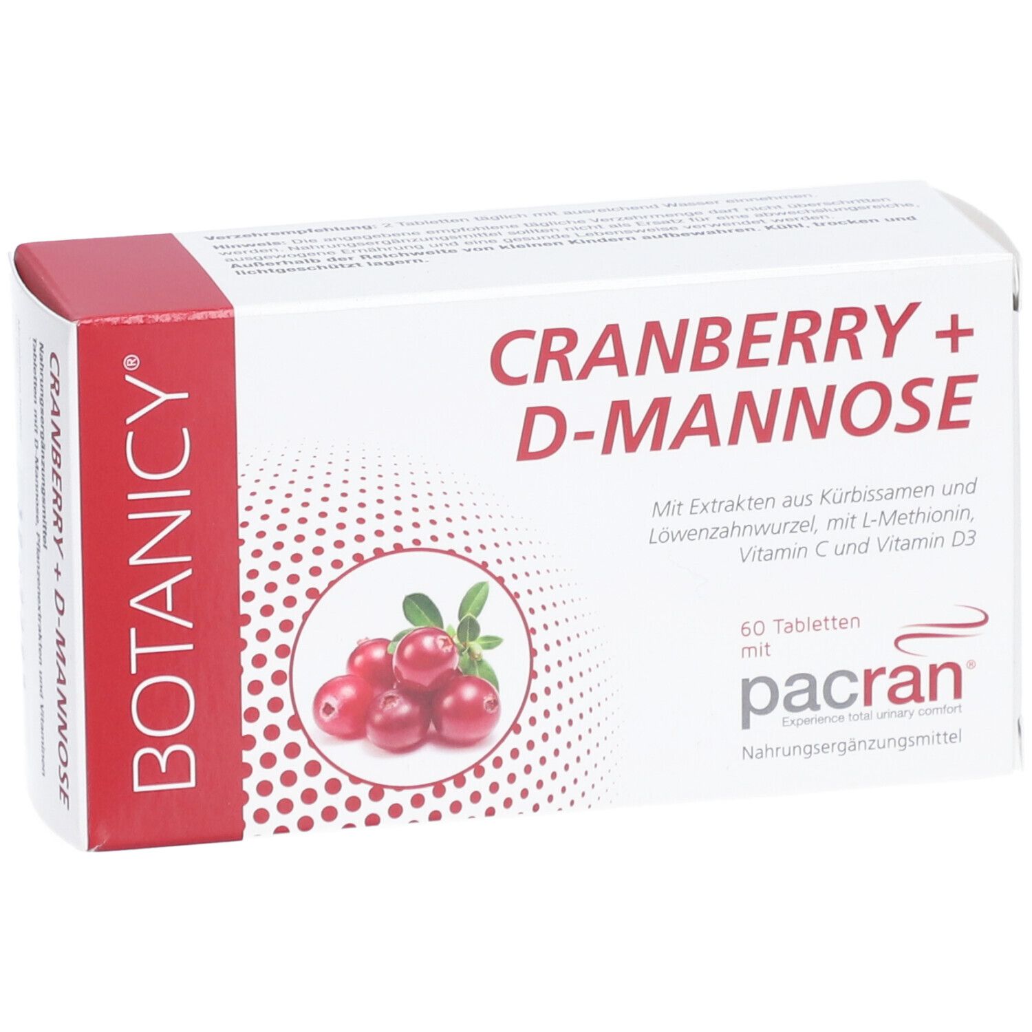 BOTANICY Cranberry + D-Mannose. 60 Tabletten. Cranberry-Abbildung. Mit pacran®.
