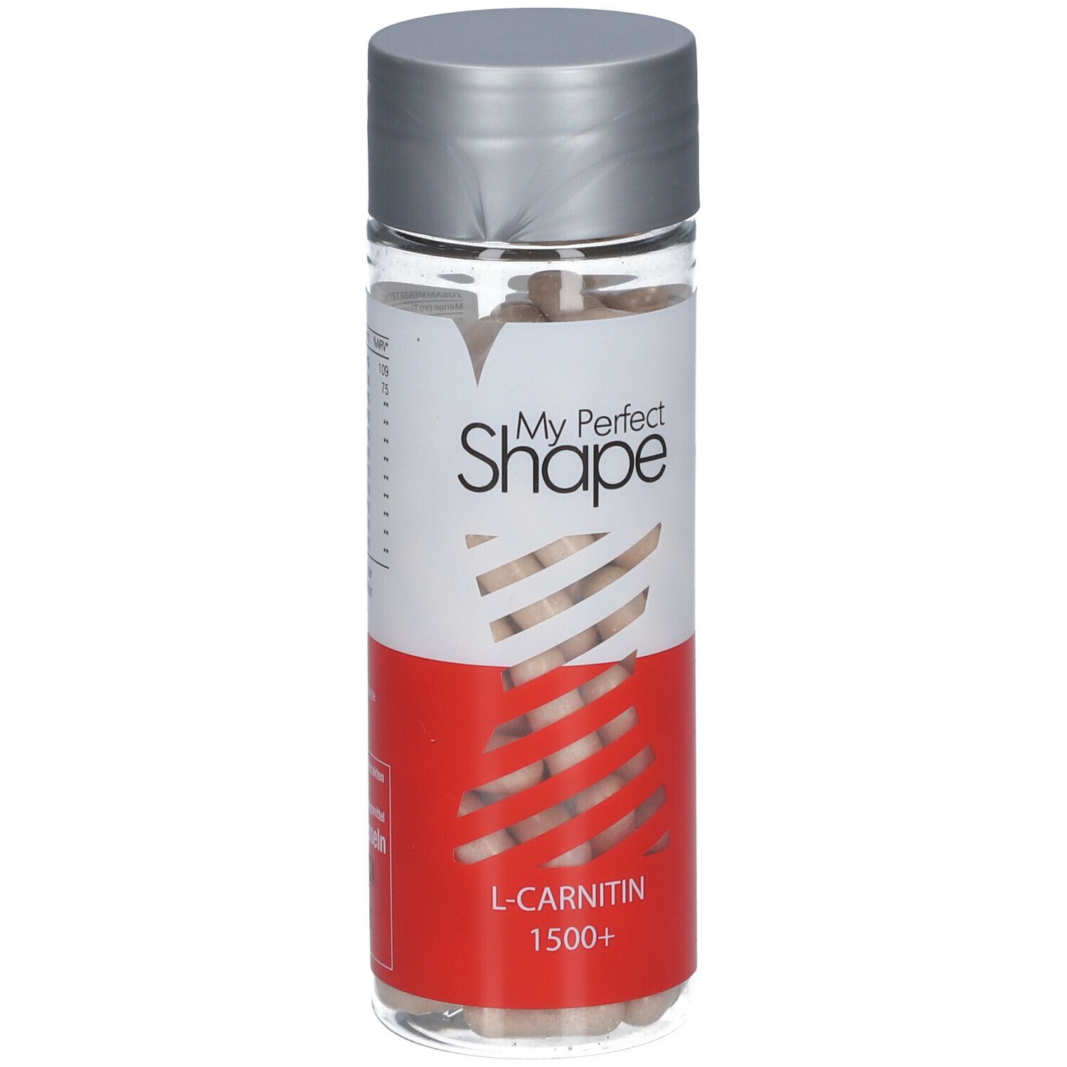 Klare Flasche mit Kapseln. Aufschrift: My Perfect Shape, L-Carnitin 1500+. Silberner Deckel. Roter und weißer Hintergrund.