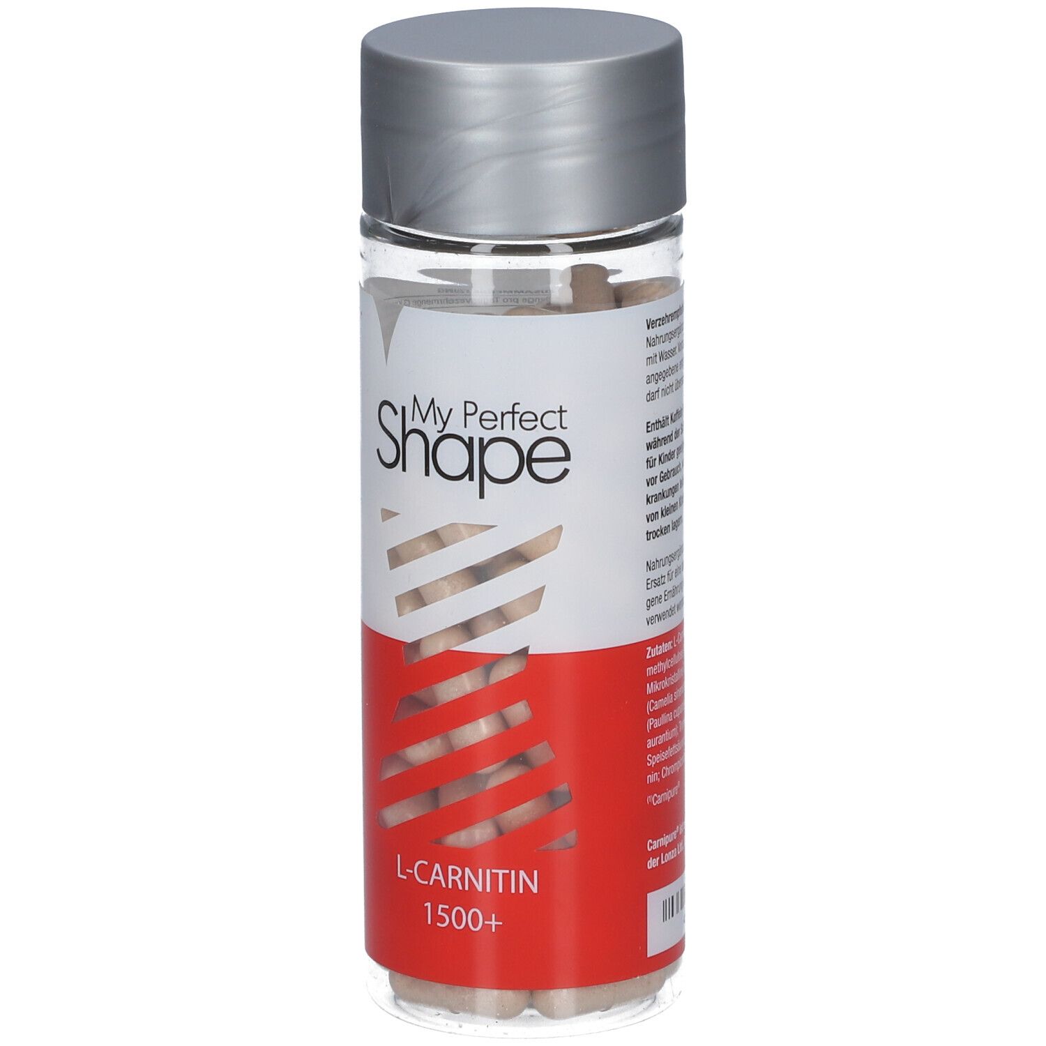 Rückseite der Flasche mit Kapseln. Aufschrift: My Perfect Shape, L-Carnitin 1500+. Silberner Deckel. Roter und weißer Hintergrund.