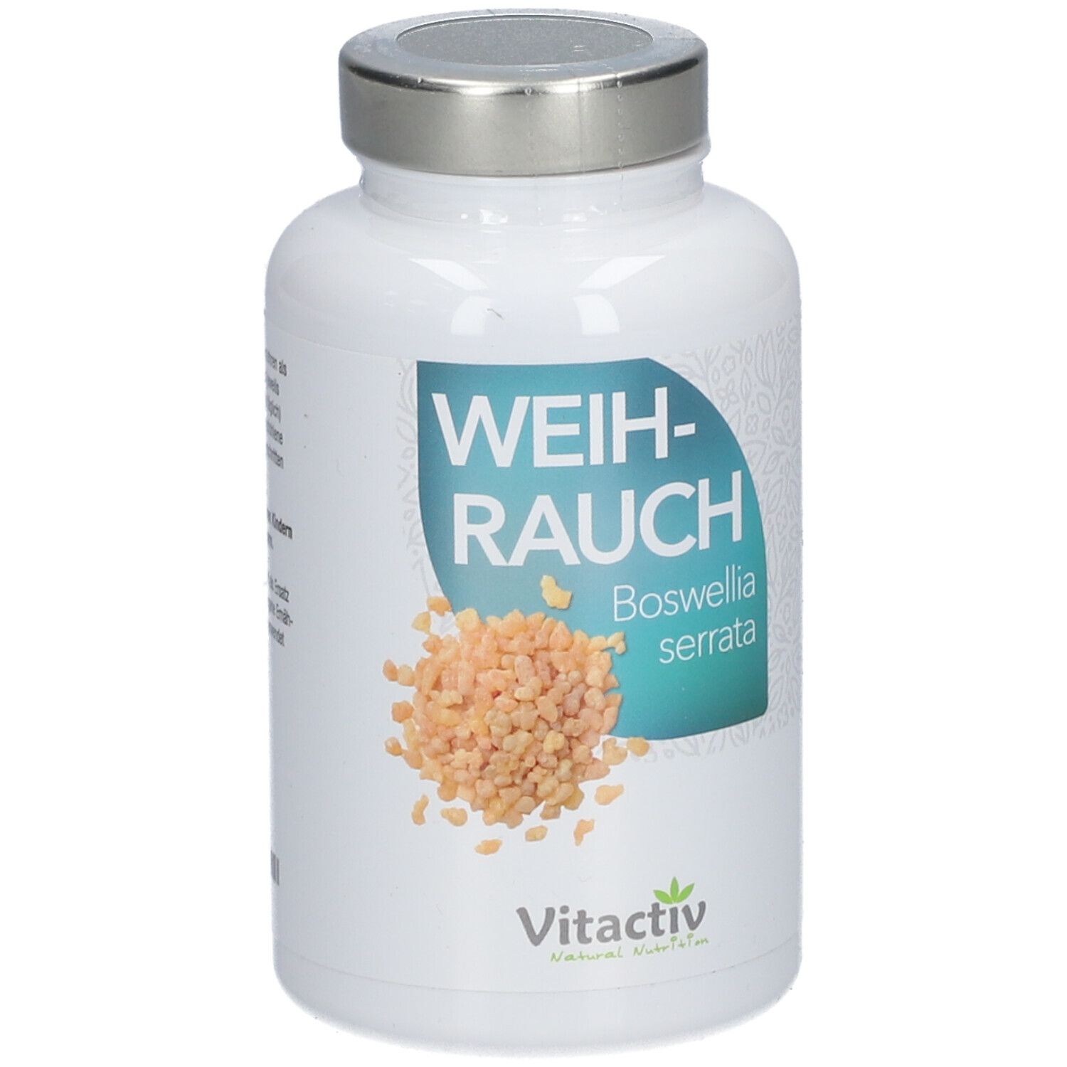 Weiße Flasche mit silbernem Deckel. Auf dem Etikett steht 'Weihrauch Boswellia serrata' und 'Vitactiv'.