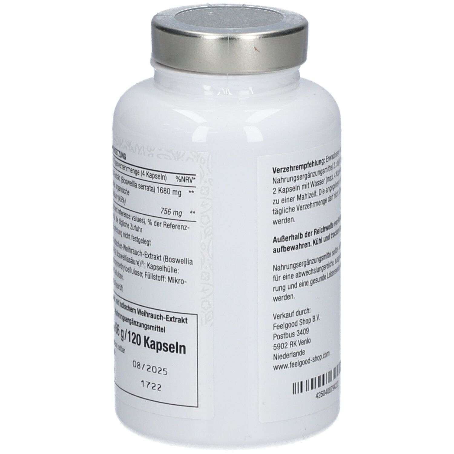 Weiße Flasche mit silbernem Deckel. Rückseite mit Text. 'Weihrauch Boswellia serrata' und 'Vitactiv'.