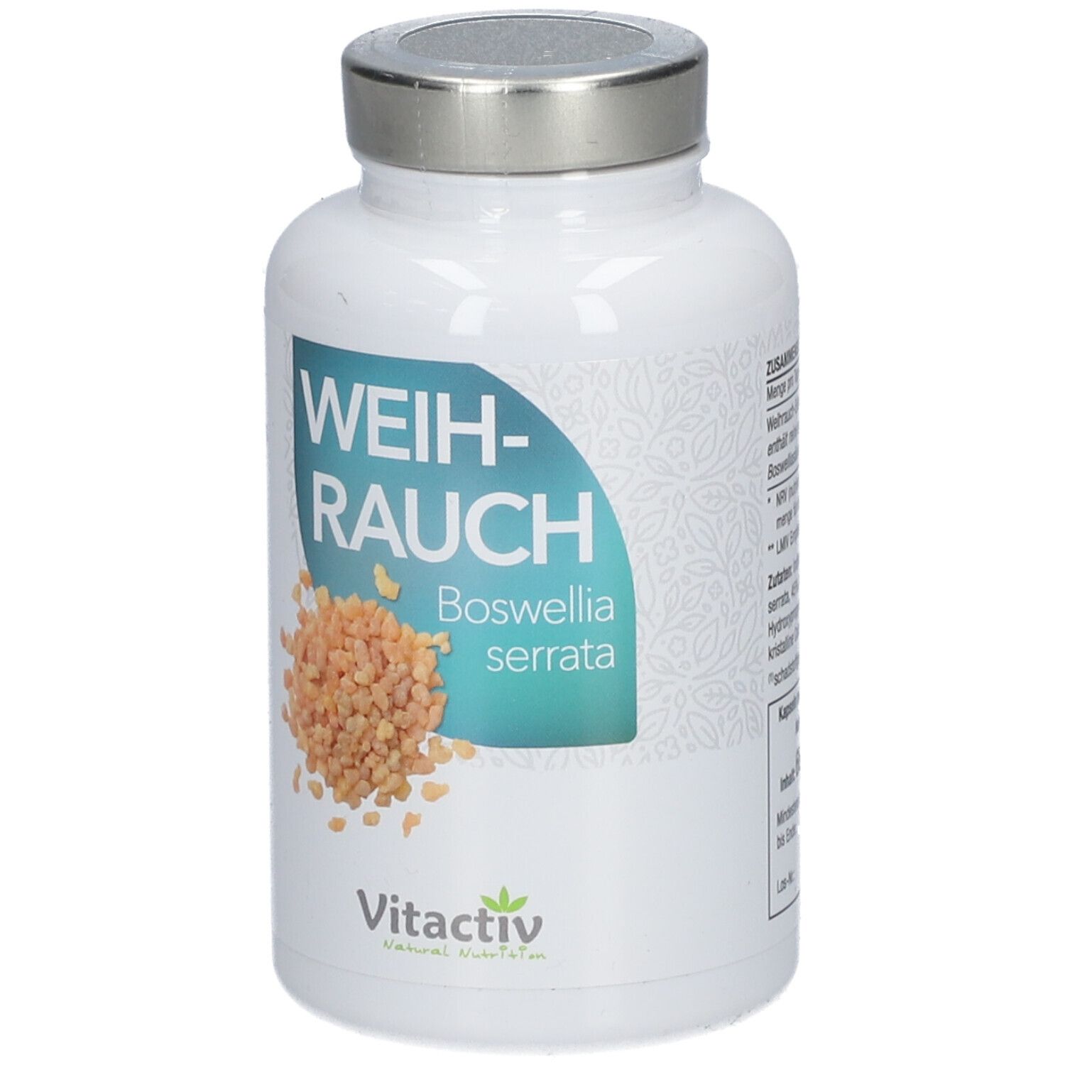 Weiße Flasche mit silbernem Deckel. Auf dem Etikett steht 'Weihrauch Boswellia serrata' und 'Vitactiv'.