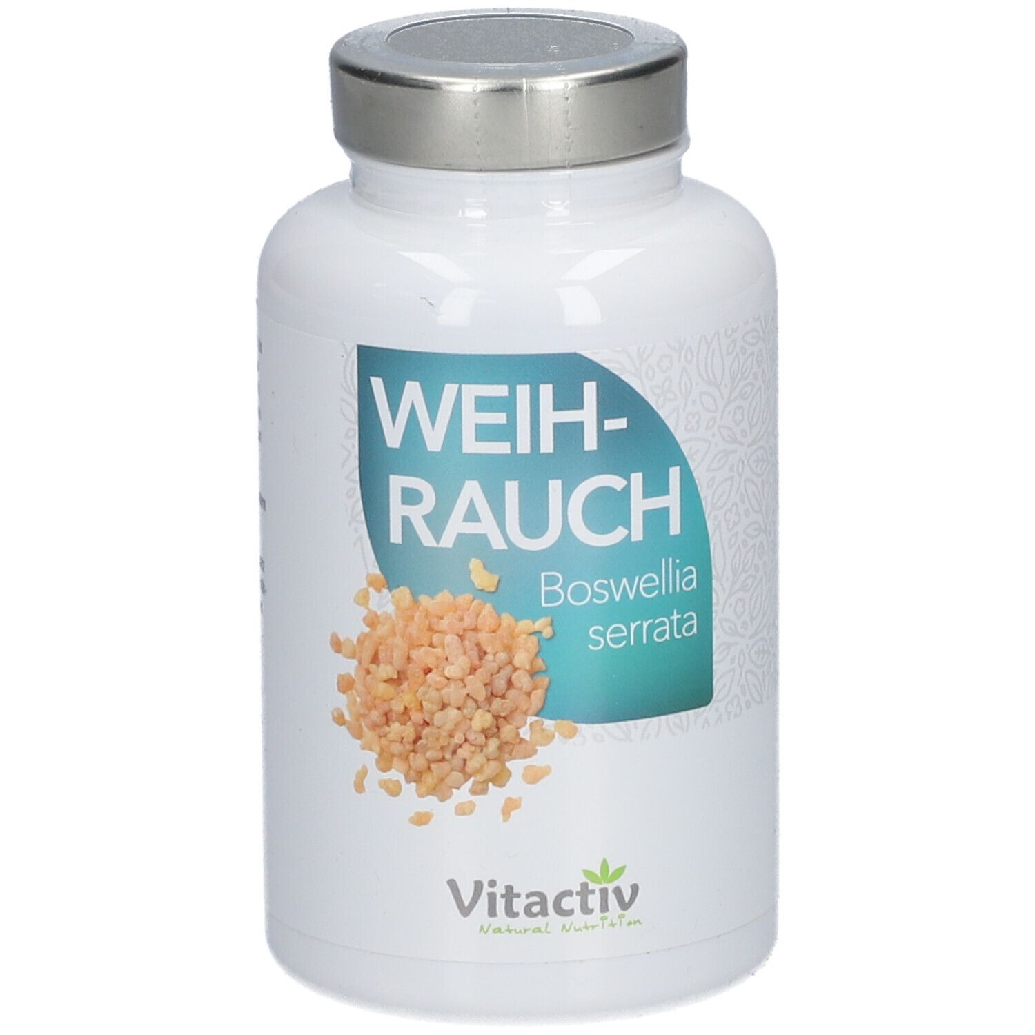 Weiße Flasche mit silbernem Deckel. Rückseite mit Text. 'Weihrauch Boswellia serrata' und 'Vitactiv'.