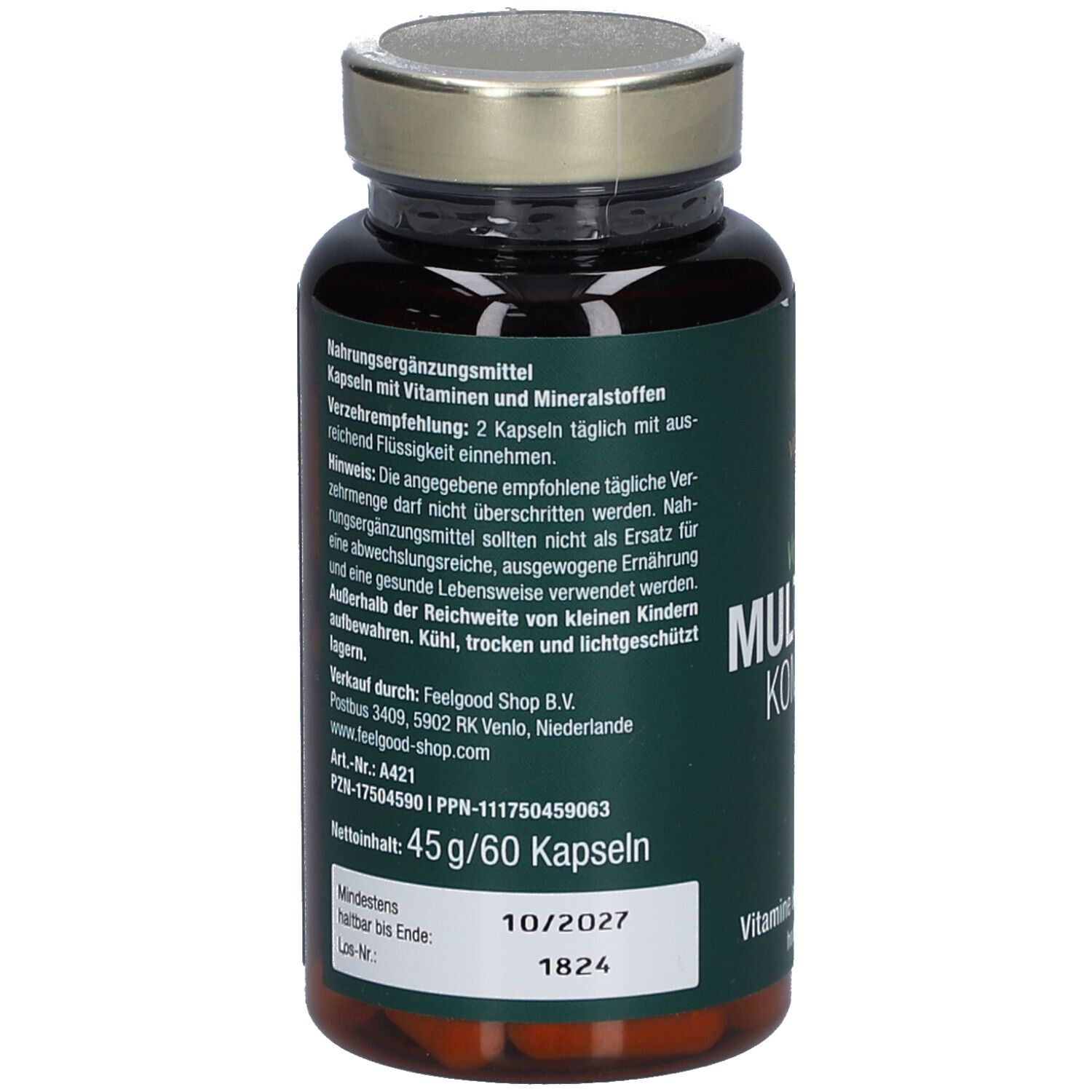 Grüne Flasche mit "Vegan MULTI 50+ KOMPLEX". Enthält Vitamine & Mineralstoffe. Text: Nahrungsergänzungsmittel.