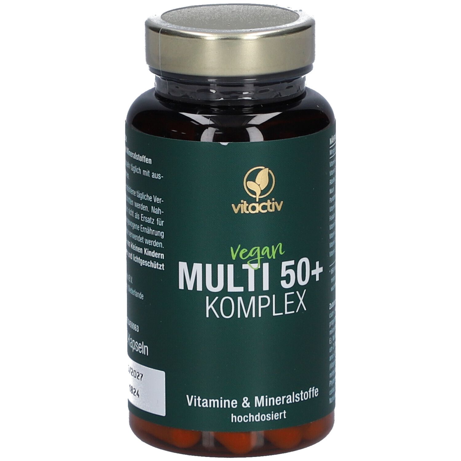 Grüne Flasche mit "Vegan MULTI 50+ KOMPLEX". Enthält Vitamine & Mineralstoffe. Rückseite mit Nährwertdeklaration.