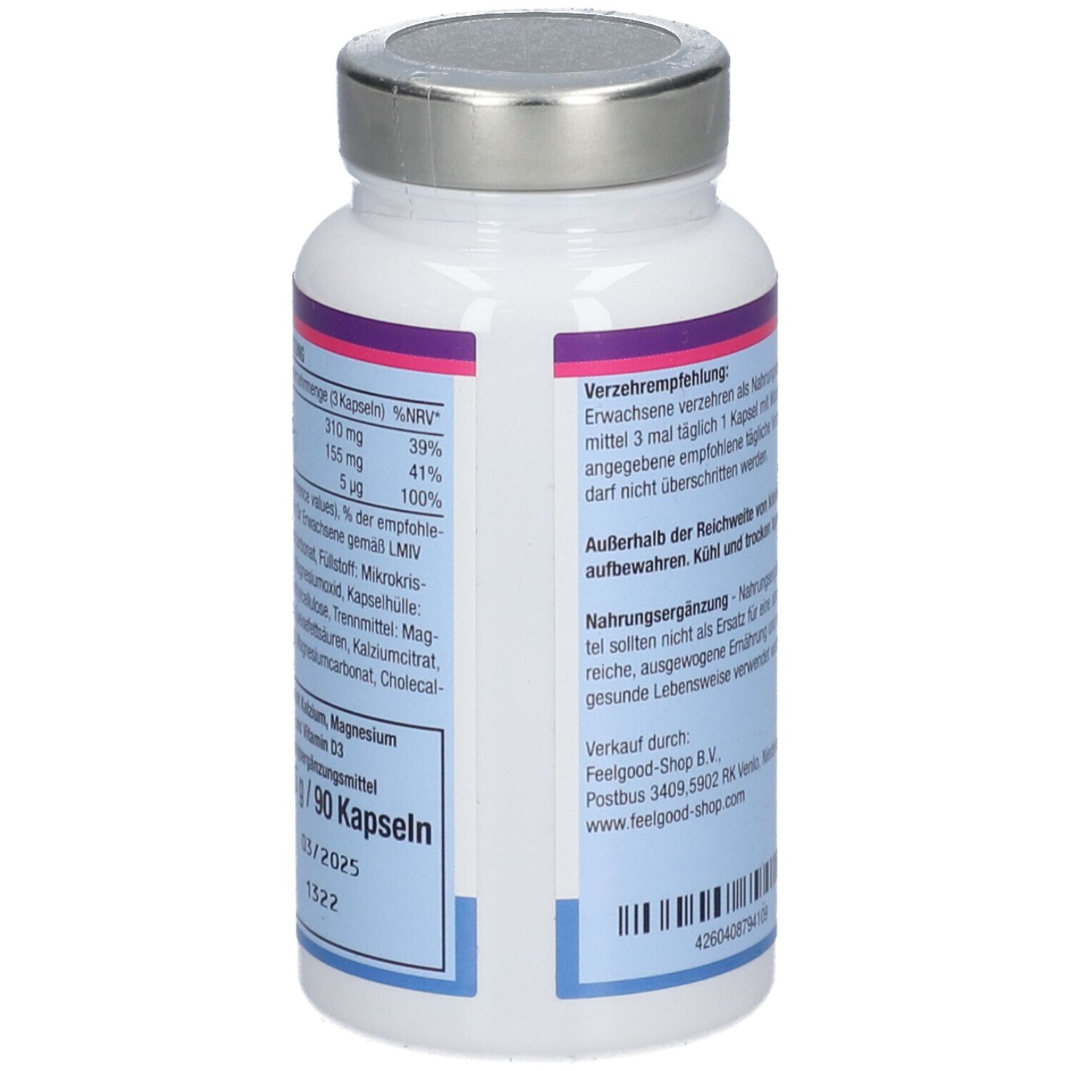 Rückseite der weißen Flasche. Text: Verzehrempfehlung, Hinweise zur Aufbewahrung, Nährwertangaben. Marke: Vitactiv.