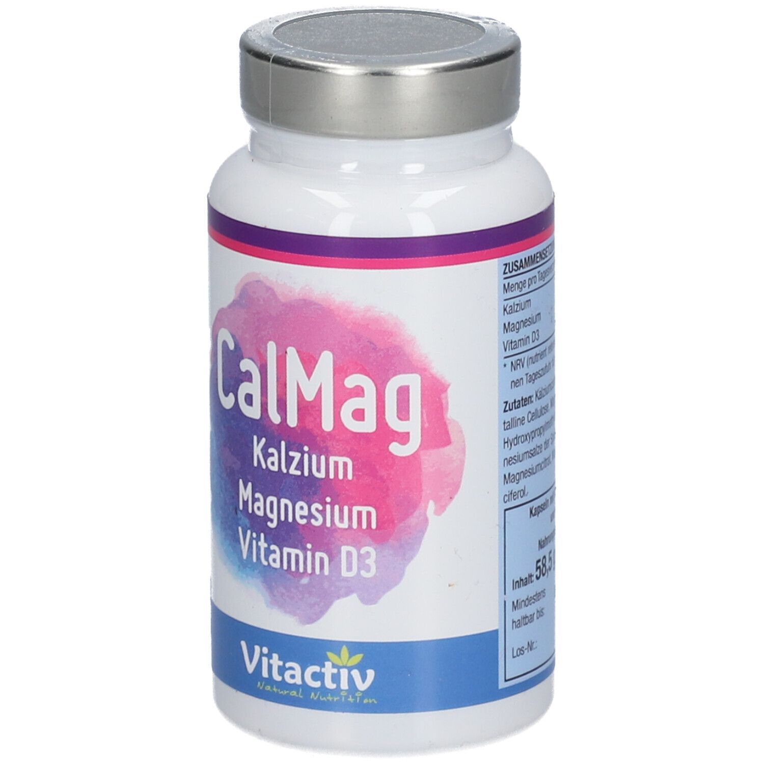 Weiße Flasche mit blau-rosa Etikett. Aufschrift: CalMag, Kalzium Magnesium Vitamin D3. Marke: Vitactiv.