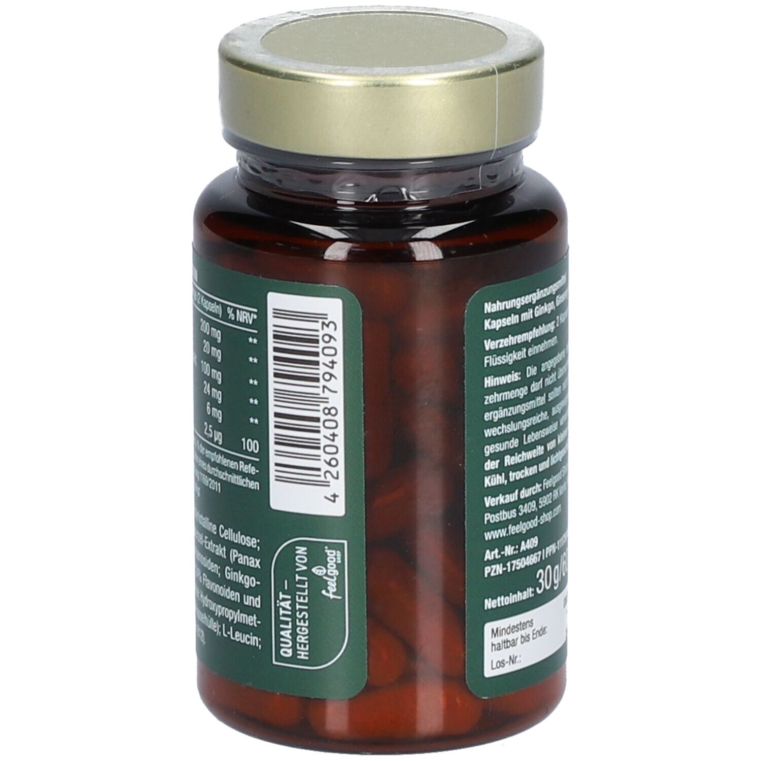 Braune Flasche mit grünem Etikett. Aufschrift: Vitactiv Vegan Ginkgo & Ginseng plus Vitamin B12.