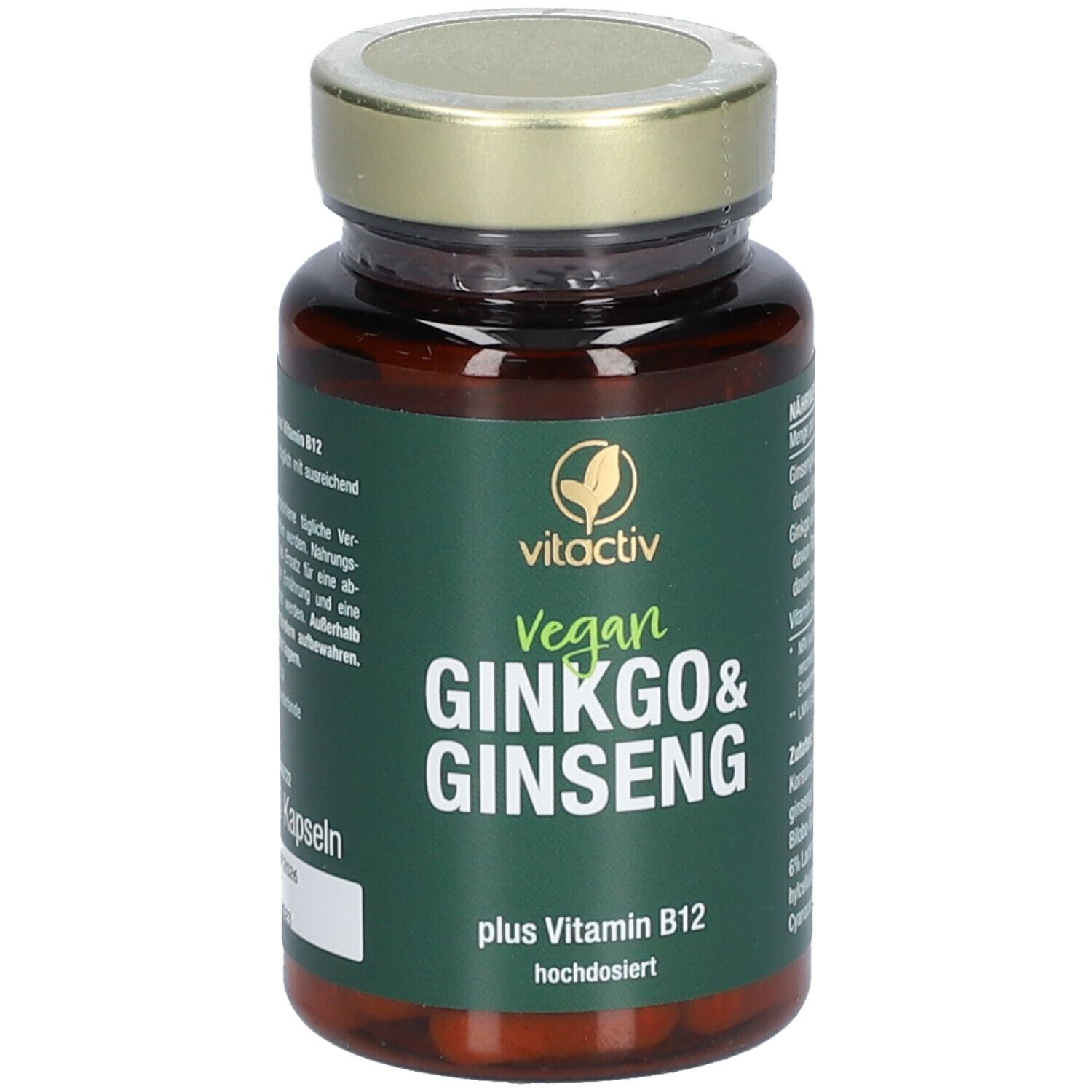 Braune Flasche mit grünem Etikett. Aufschrift: Vitactiv Vegan Ginkgo & Ginseng plus Vitamin B12.
