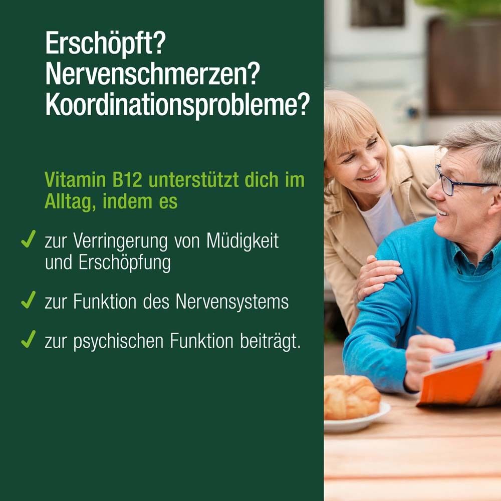 Älteres Ehepaar im Gespräch. Text: Vitamin B12 unterstützt dich im Alltag. Logo: Vitactiv.