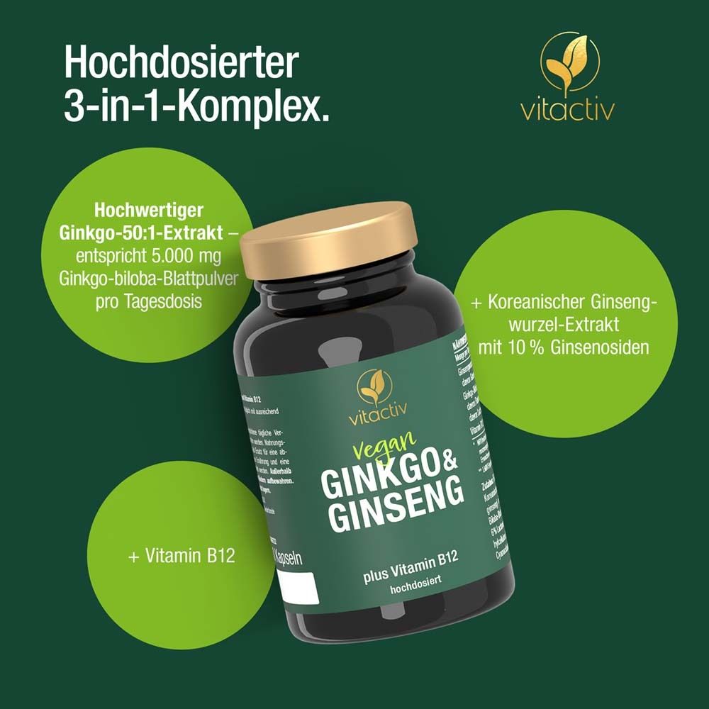 Braune Flasche mit grünem Etikett. Text: 3-in-1-Komplex. Logo: Vitactiv Vegan Ginkgo & Ginseng plus Vitamin B12.