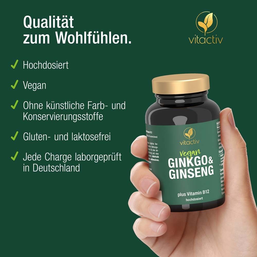 Braune Flasche mit grünem Etikett. Text: Hochdosiert, Vegan, Ohne künstliche Farb- und Konservierungsstoffe. Logo: Vitactiv.