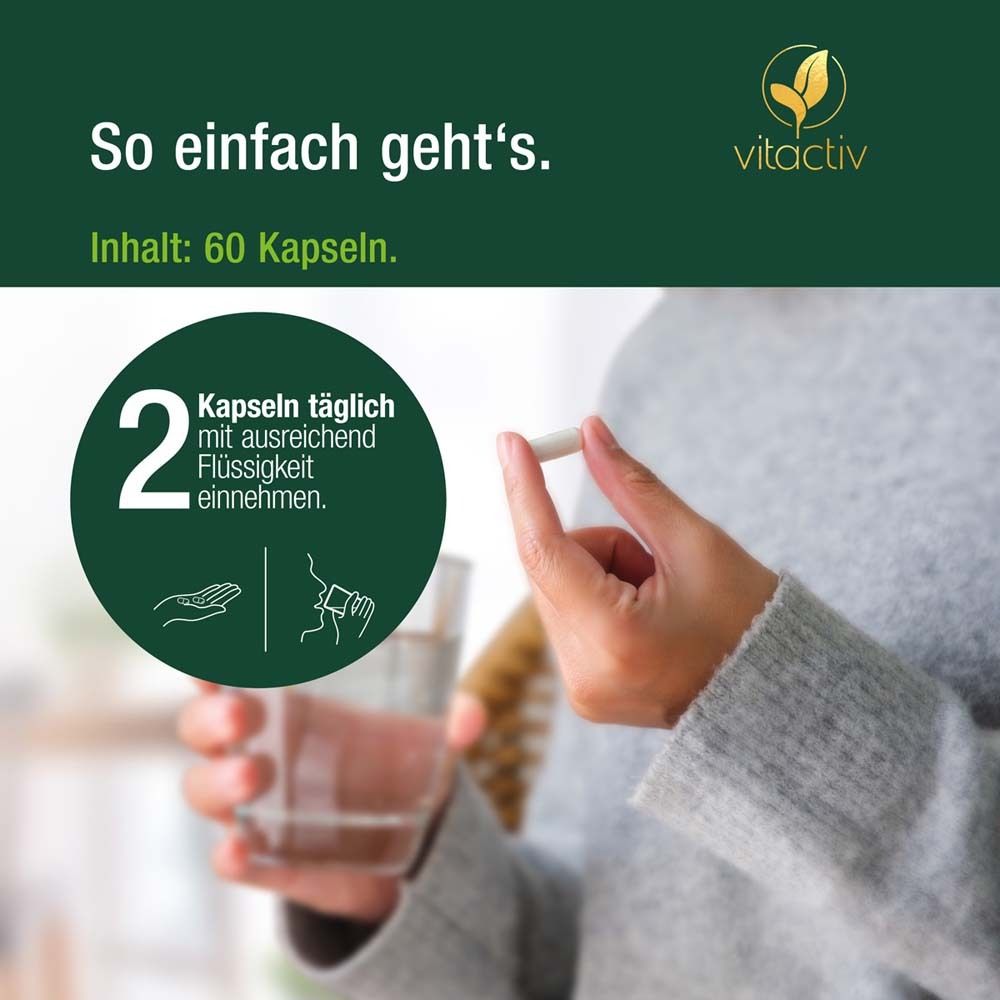 Person hält eine Kapsel. Text: 2 Kapseln täglich mit ausreichend Flüssigkeit einnehmen. Logo: Vitactiv.