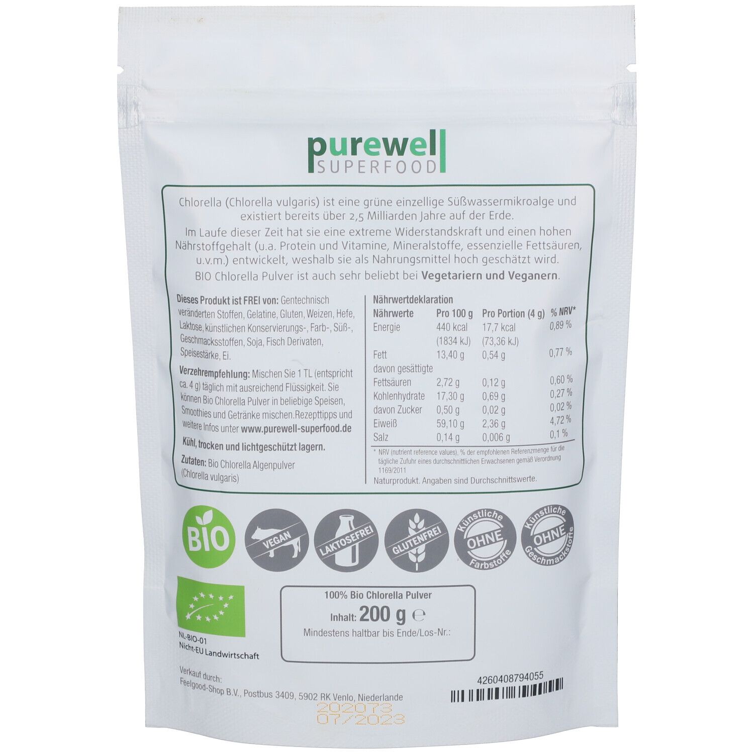 Rückseite der Verpackung mit Informationen. Text: Nährwerttabelle, Zutaten, Bio-Siegel, Vegan, Laktosefrei, Glutenfrei, Ohne. Marke: purewell SUPERFOOD.