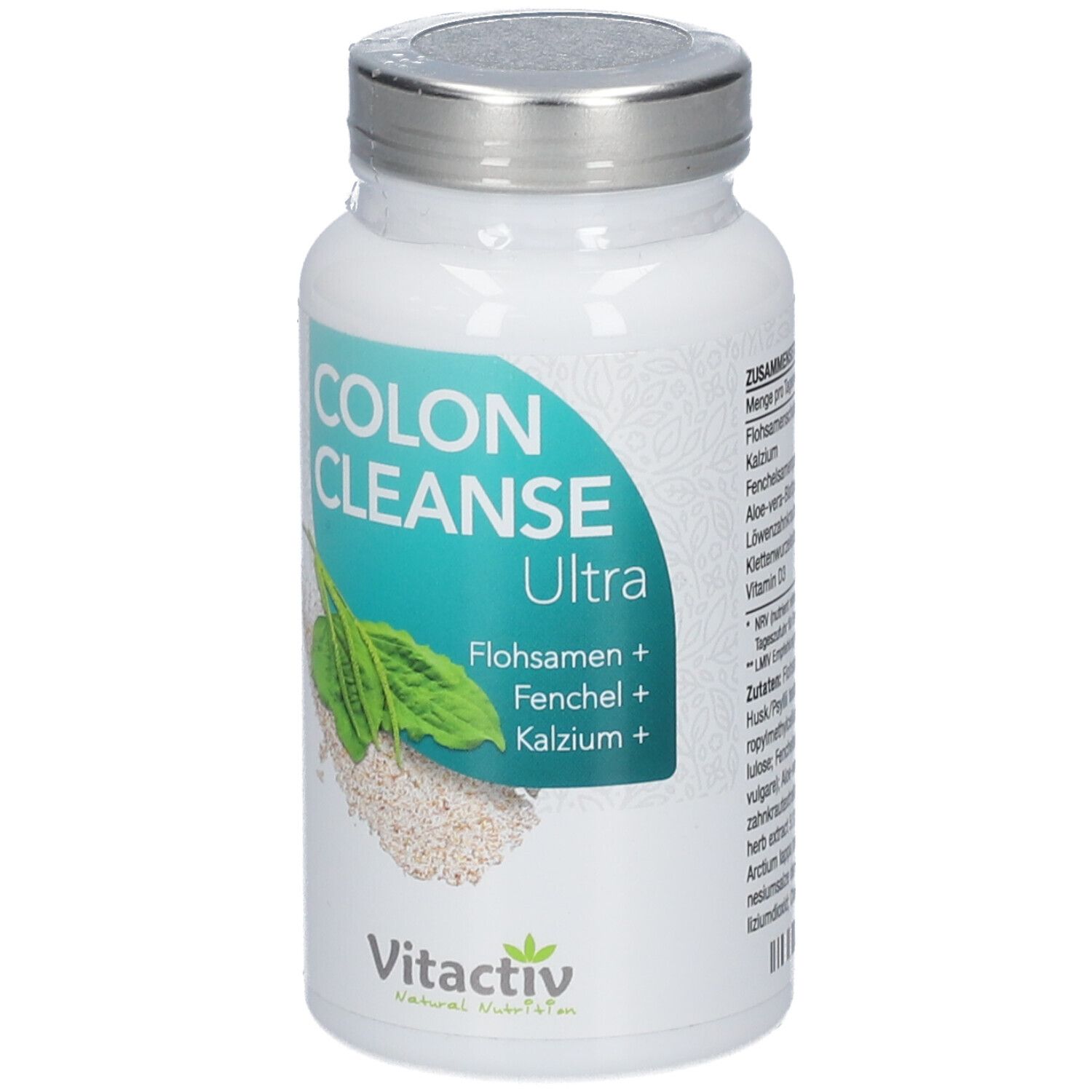 Weiße Flasche mit COLON CLEANSE Ultra-Etikett. Enthält Flohsamen, Fenchel und Kalzium. Vitactiv-Logo.