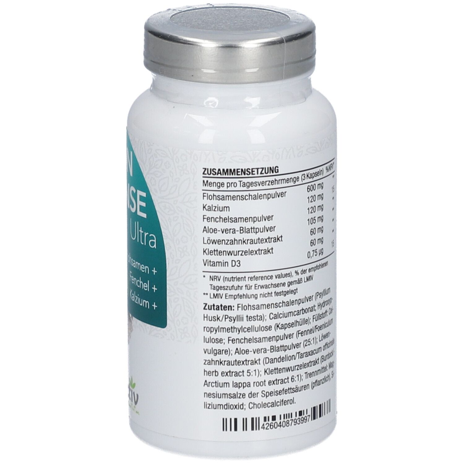 Rückseite der COLON CLEANSE Ultra-Flasche. Enthält Informationen zu Inhaltsstoffen und Nährwerten. Vitactiv-Logo.