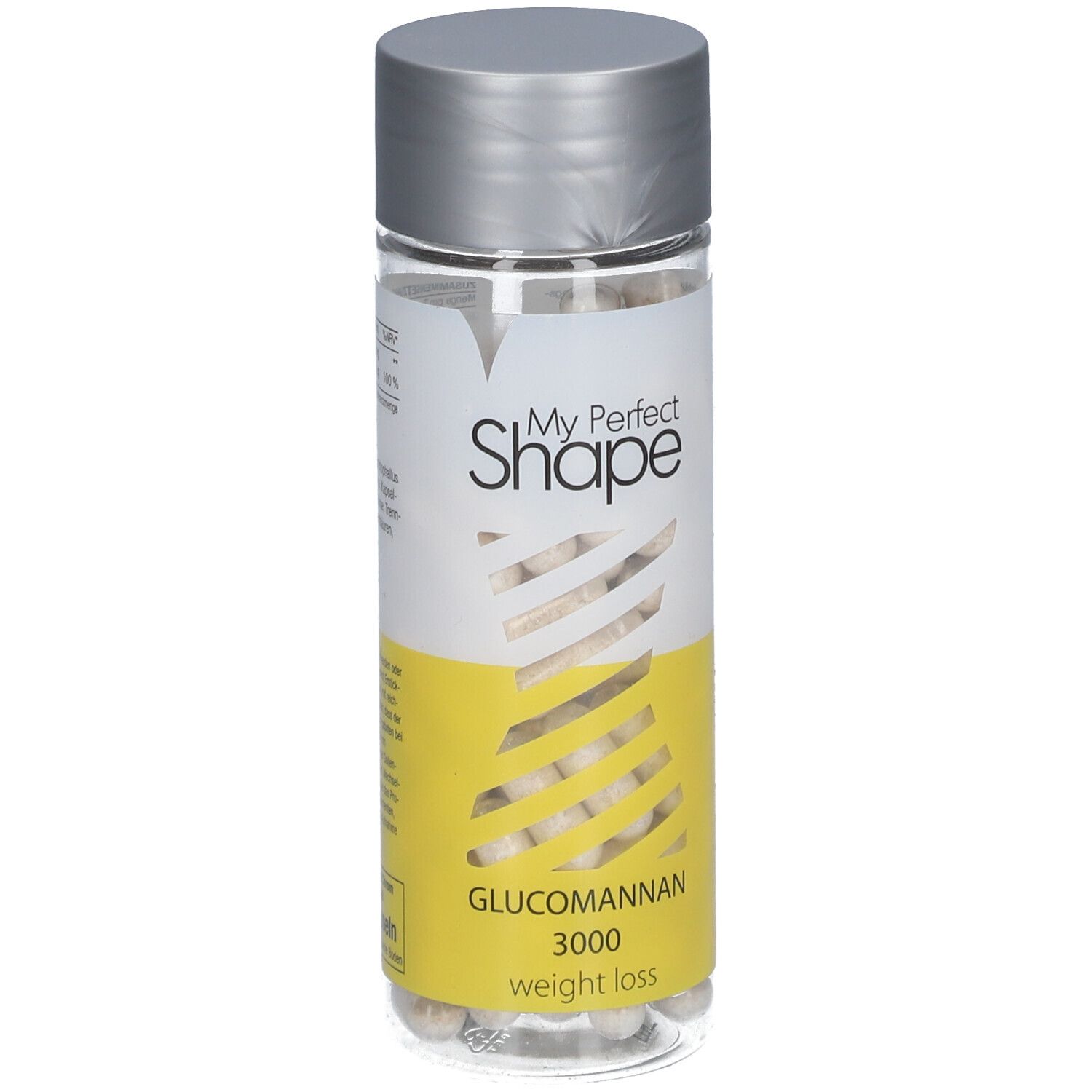 Flasche mit Kapseln, Etikett mit Text. Gelber Hintergrund, "My Perfect Shape", "Glucomannan 3000". Silberner Deckel.