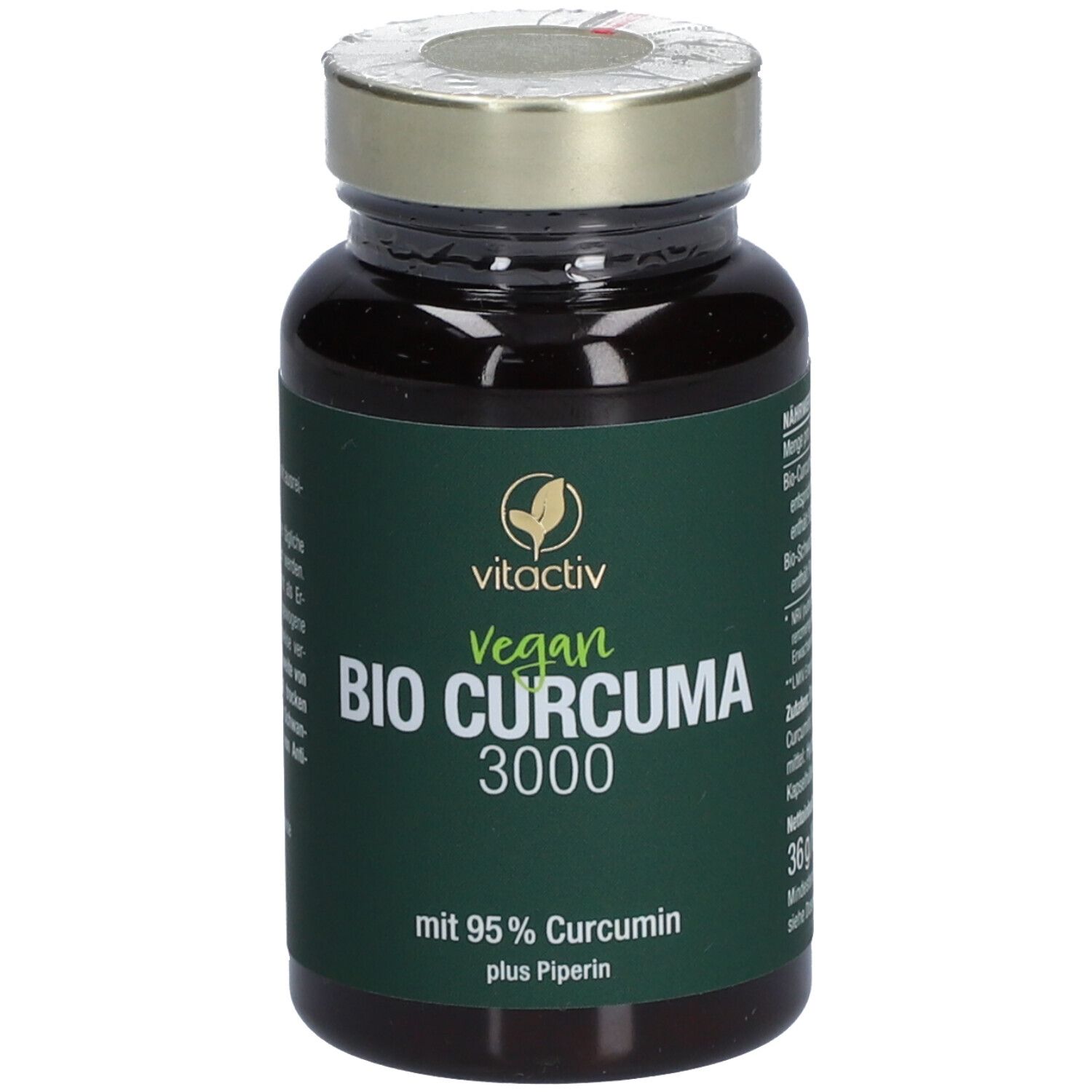 Braune Flasche mit grüner Etikettierung. Aufschrift: Vitactiv Vegan BIO CURCUMA 3000. Mit 95% Curcumin plus Piperin.