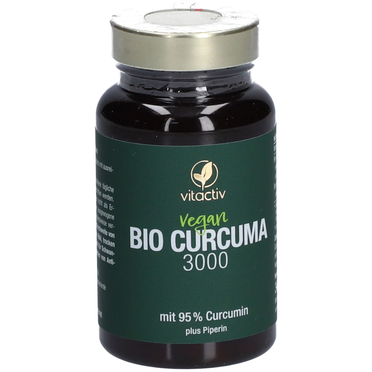 Braune Flasche mit grüner Etikettierung. Aufschrift: Vitactiv Vegan BIO CURCUMA 3000. Mit 95% Curcumin plus Piperin.