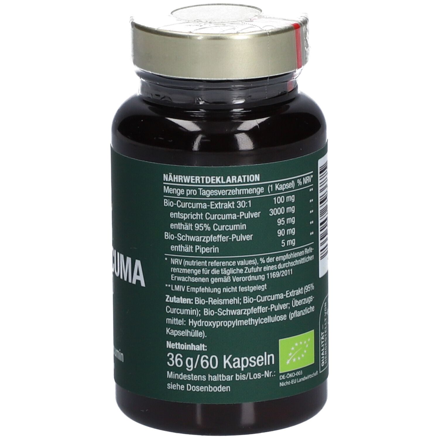 Braune Flasche mit grüner Etikettierung. Aufschrift: Vitactiv Vegan BIO CURCUMA 3000. Mit 95% Curcumin plus Piperin. Nährwertdeklaration.