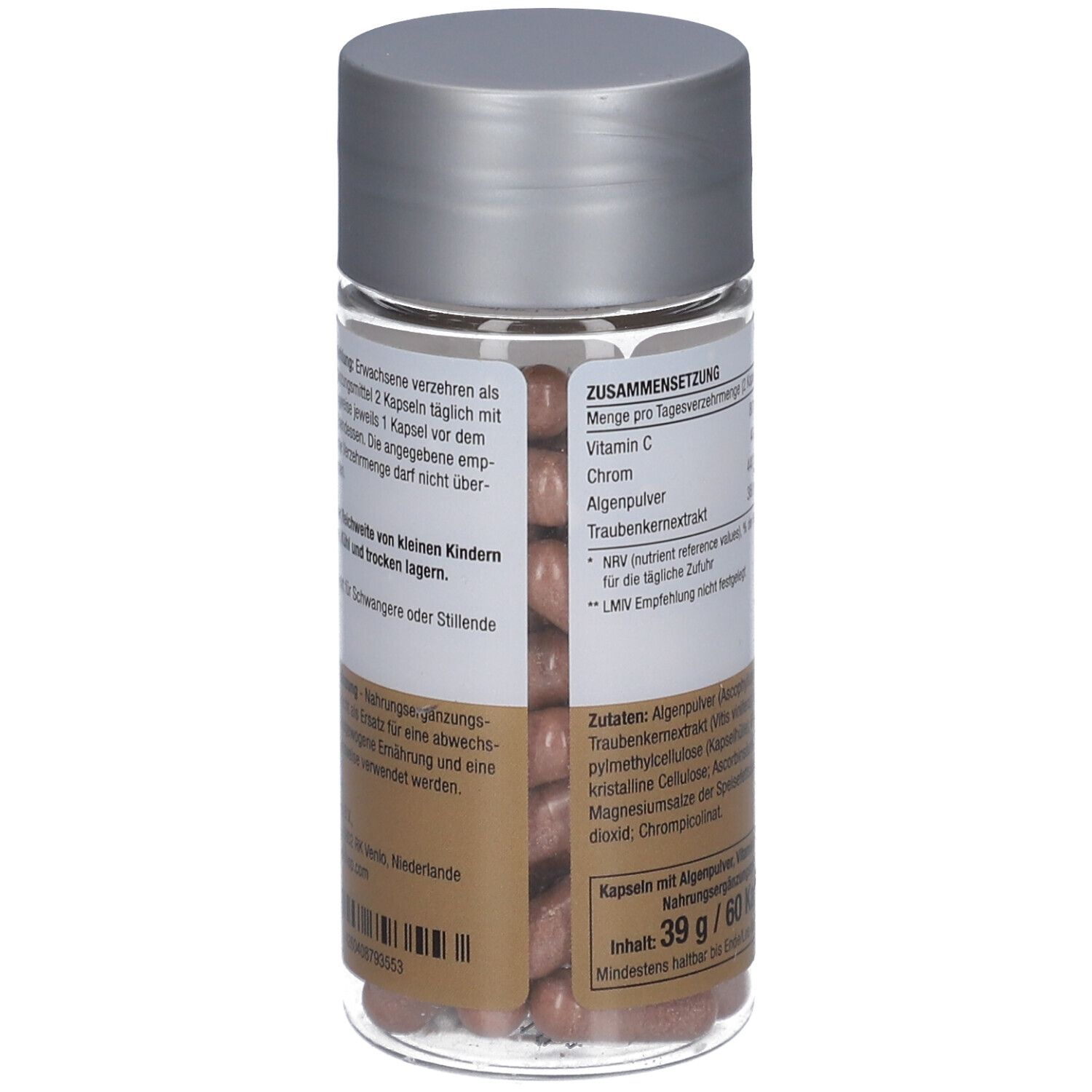 Klare Flasche mit Kapseln. Silberner Deckel. Aufschrift: My Perfect Shape ASCOBLOCK 440.