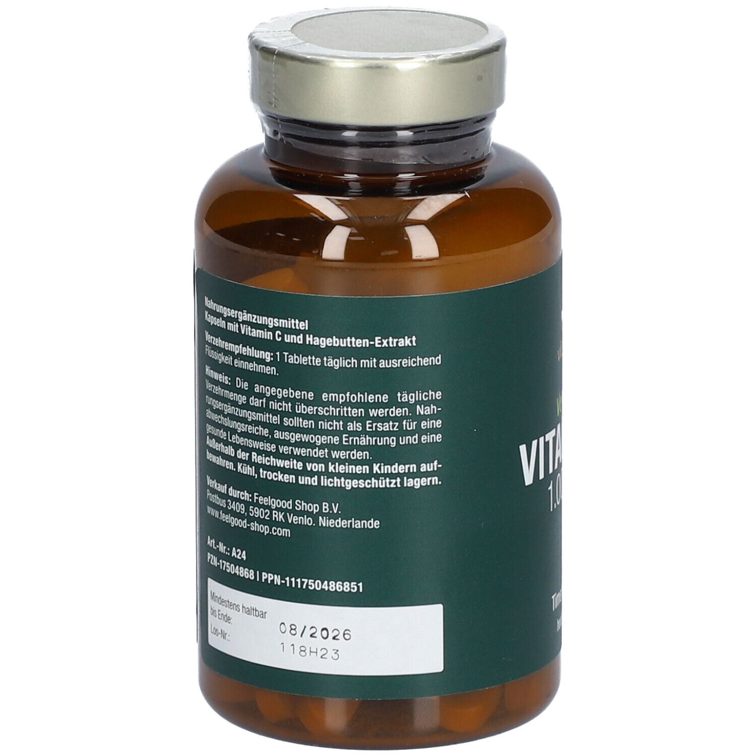 Braune Glasflasche mit grünem Etikett. Aufschrift: Vitactiv Vegan Vitamin C 1.000 mg. Zeitverzögert, hochdosiert. Rückseite mit Text.