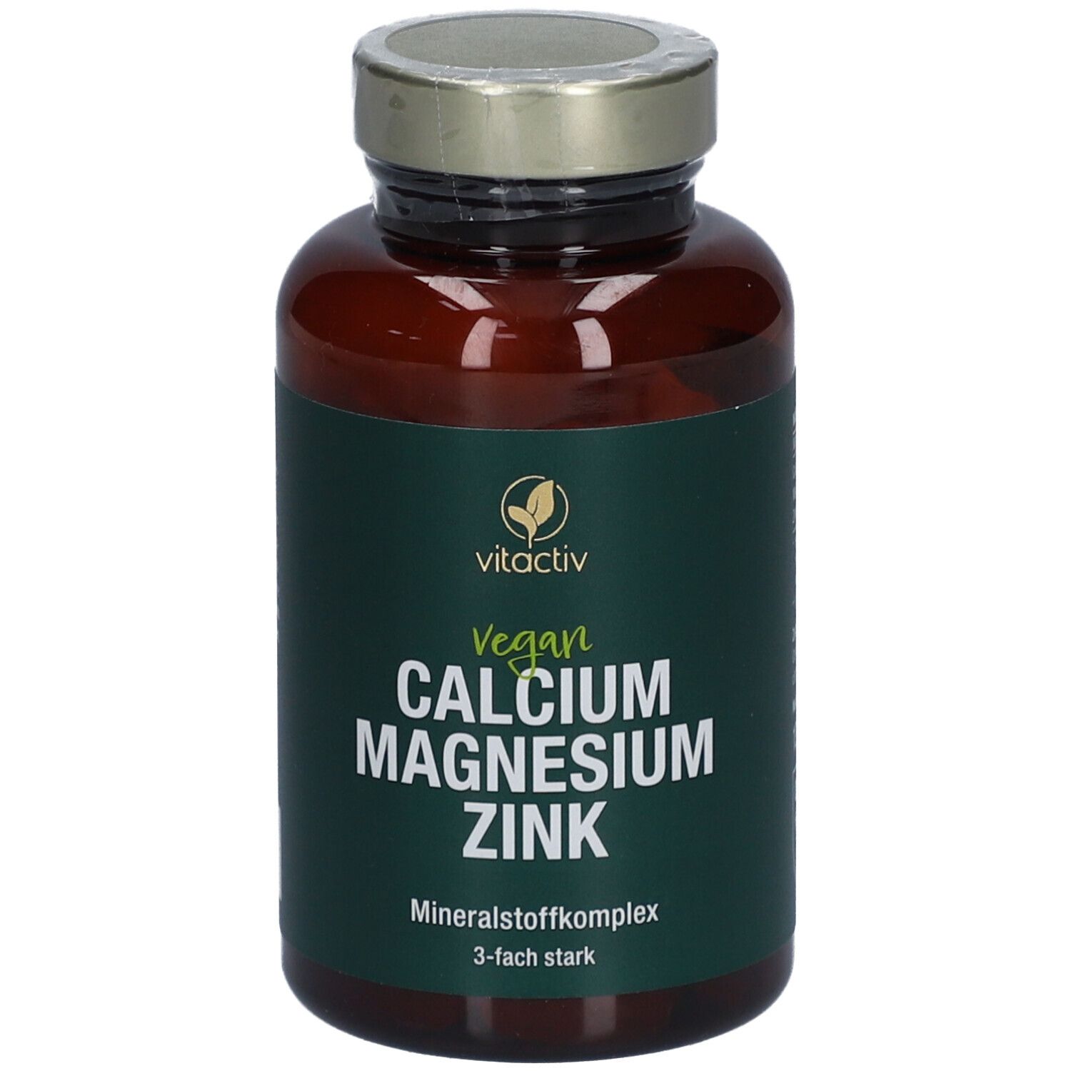 Braune Glasflasche mit grünem Etikett. Enthält Calcium, Magnesium, Zink. Vegan. Marke: Vitactiv.