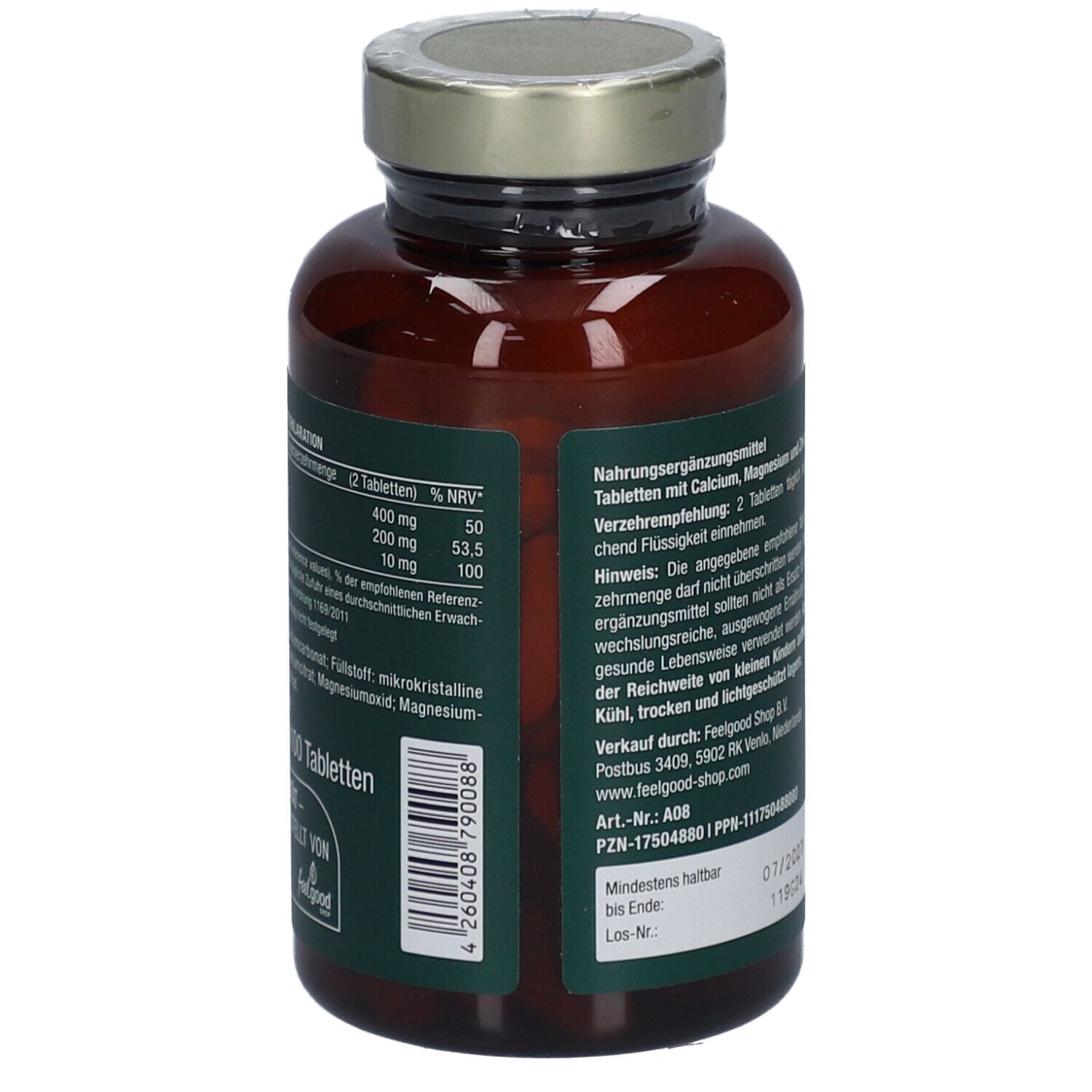 Rückseite der Flasche. Text und Informationen zum Produkt. Marke: Vitactiv.