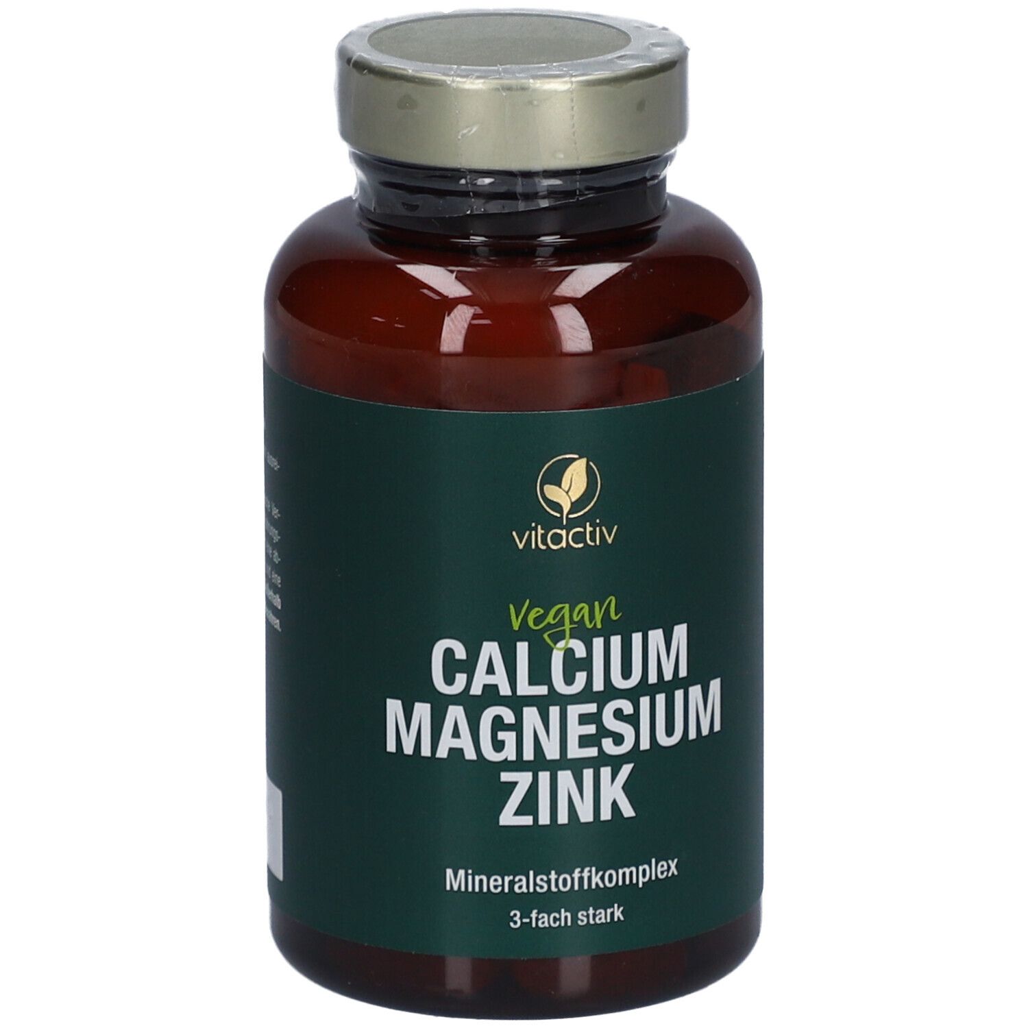 Braune Glasflasche mit grünem Etikett. Enthält Calcium, Magnesium, Zink. Vegan. Marke: Vitactiv.