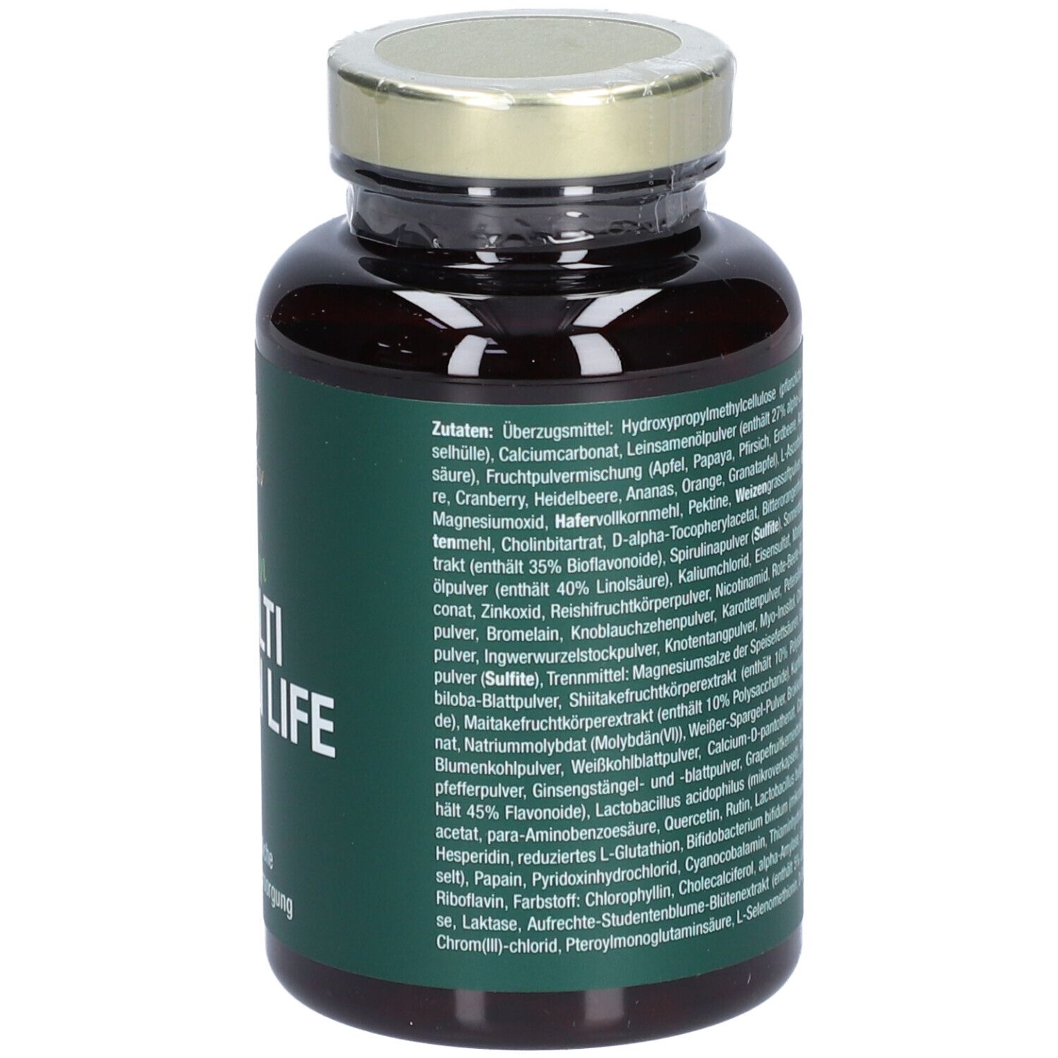 Braune Flasche mit grünem Etikett. Aufschrift: Vitactiv, Vegan, Multi Green Life. Pflanzliche Rundumversorgung.