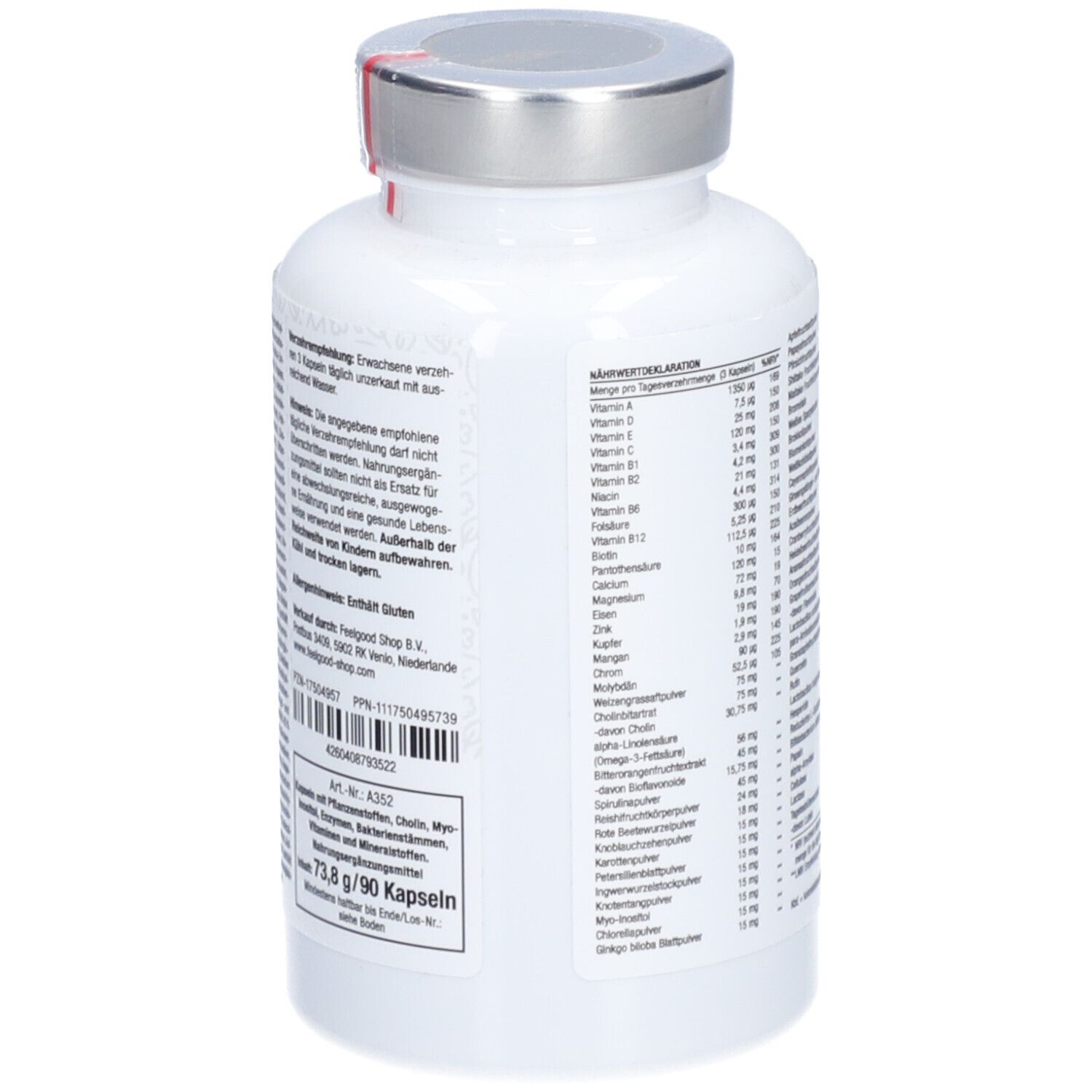 Braune Flasche mit grünem Etikett. Aufschrift: Vitactiv, Vegan, Multi Green Life. Rückseite mit Text.