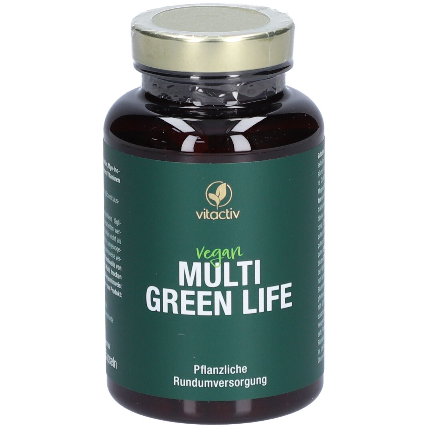 Braune Flasche mit grünem Etikett. Aufschrift: Vitactiv, Vegan, Multi Green Life. Pflanzliche Rundumversorgung.