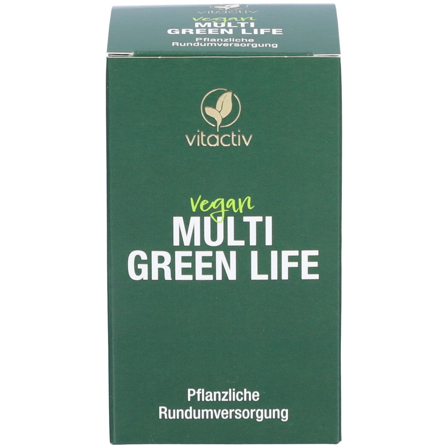 Schachtel mit grünem Design. Aufschrift: Vitactiv, Vegan, Multi Green Life. Pflanzliche Rundumversorgung.