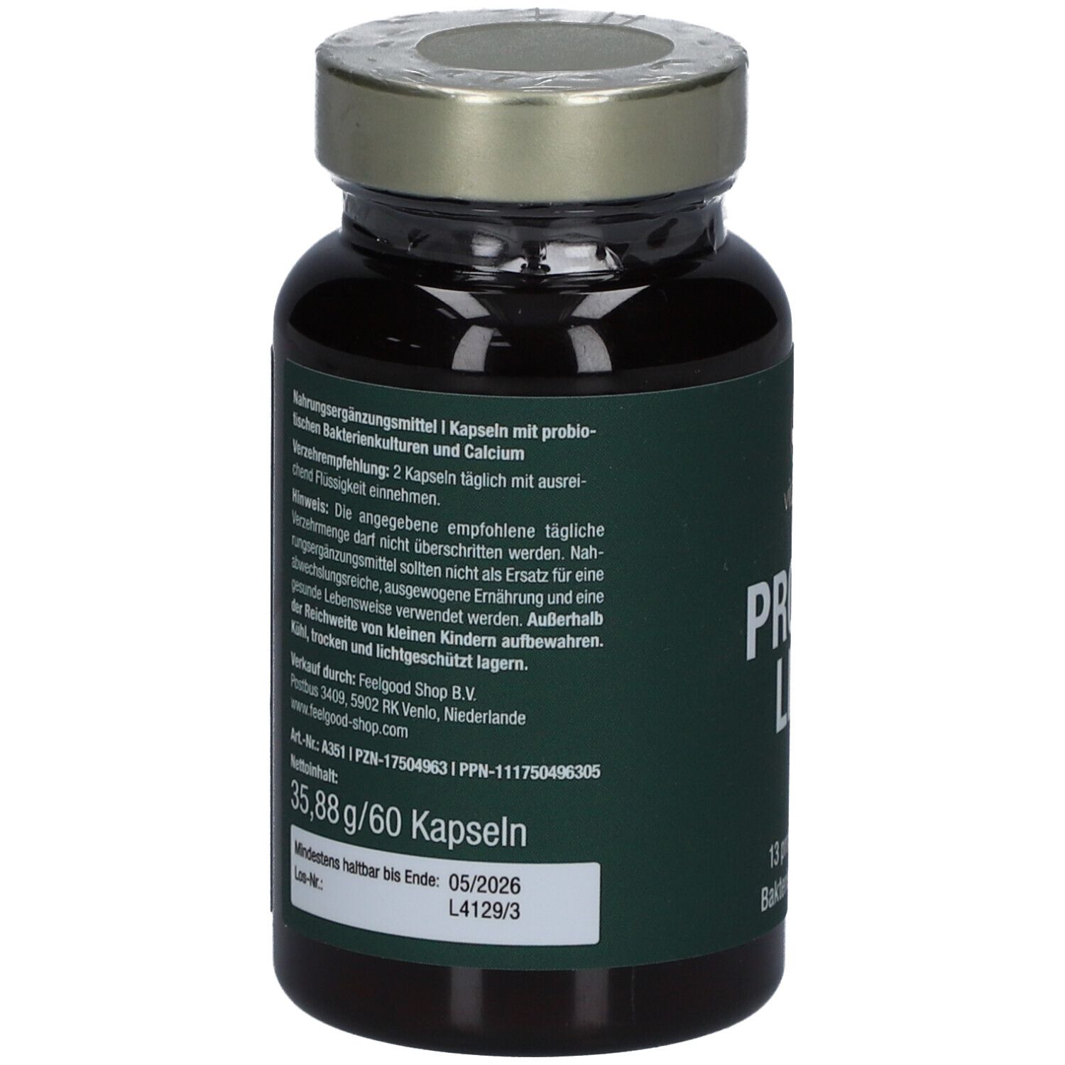 Weiße Flasche mit silbernem Deckel. Rückseite mit Text. Enthält Informationen zur Anwendung und Inhaltsstoffen.