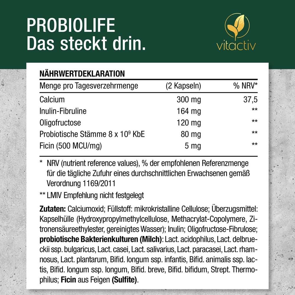 Nährwertdeklaration auf weißem Hintergrund. Enthält Informationen zu Inhaltsstoffen und Nährwerten pro Portion.