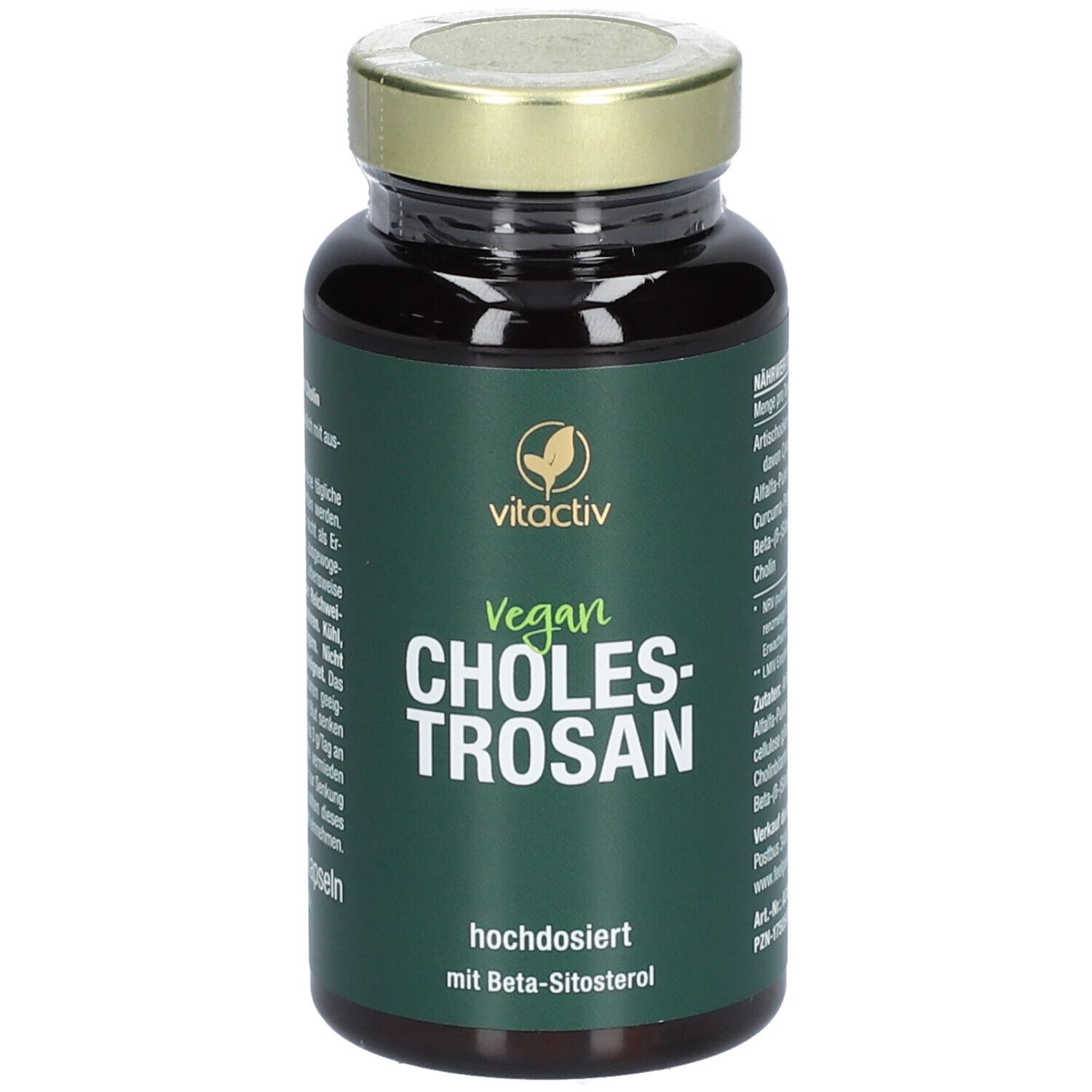 Braune Flasche mit grünem Etikett. Text: Vegan, Cholestrosan, hochdosiert mit Beta-Sitosterol. Goldener Deckel.