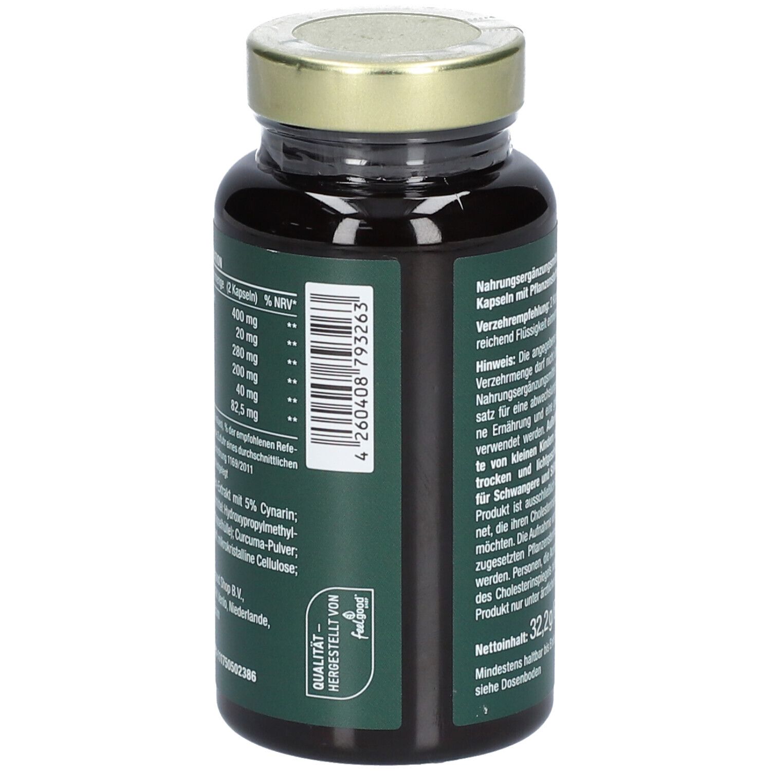 Braune Flasche mit grünem Etikett. Text: Vegan, Cholestrosan, hochdosiert mit Beta-Sitosterol. Goldener Deckel.