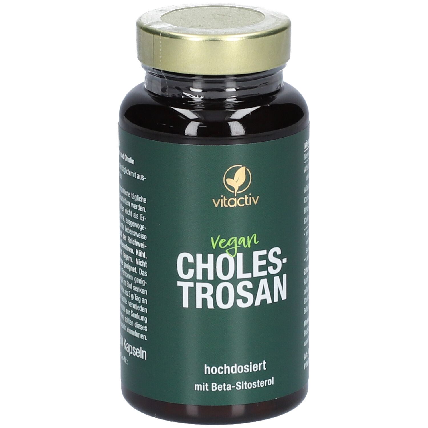 Braune Flasche mit grünem Etikett. Text: Vegan, Cholestrosan, hochdosiert mit Beta-Sitosterol. Goldener Deckel.