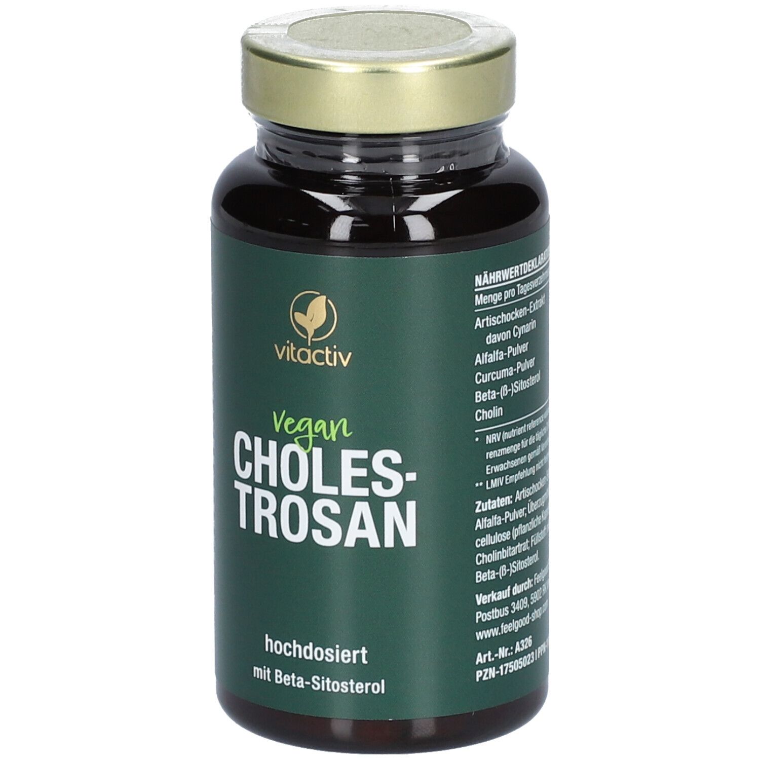 Braune Flasche mit grünem Etikett. Text: Vegan, Cholestrosan, hochdosiert mit Beta-Sitosterol. Goldener Deckel.