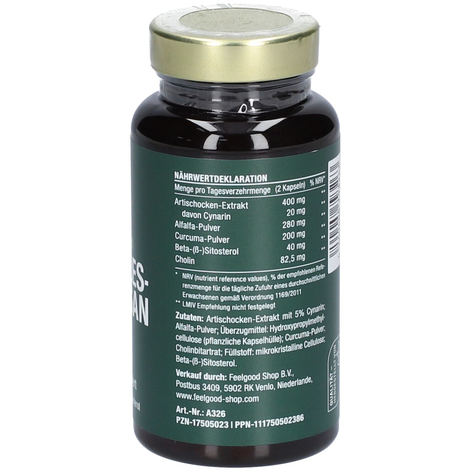 Braune Flasche mit grünem Etikett. Text: Vegan, Cholestrosan, hochdosiert mit Beta-Sitosterol. Goldener Deckel.