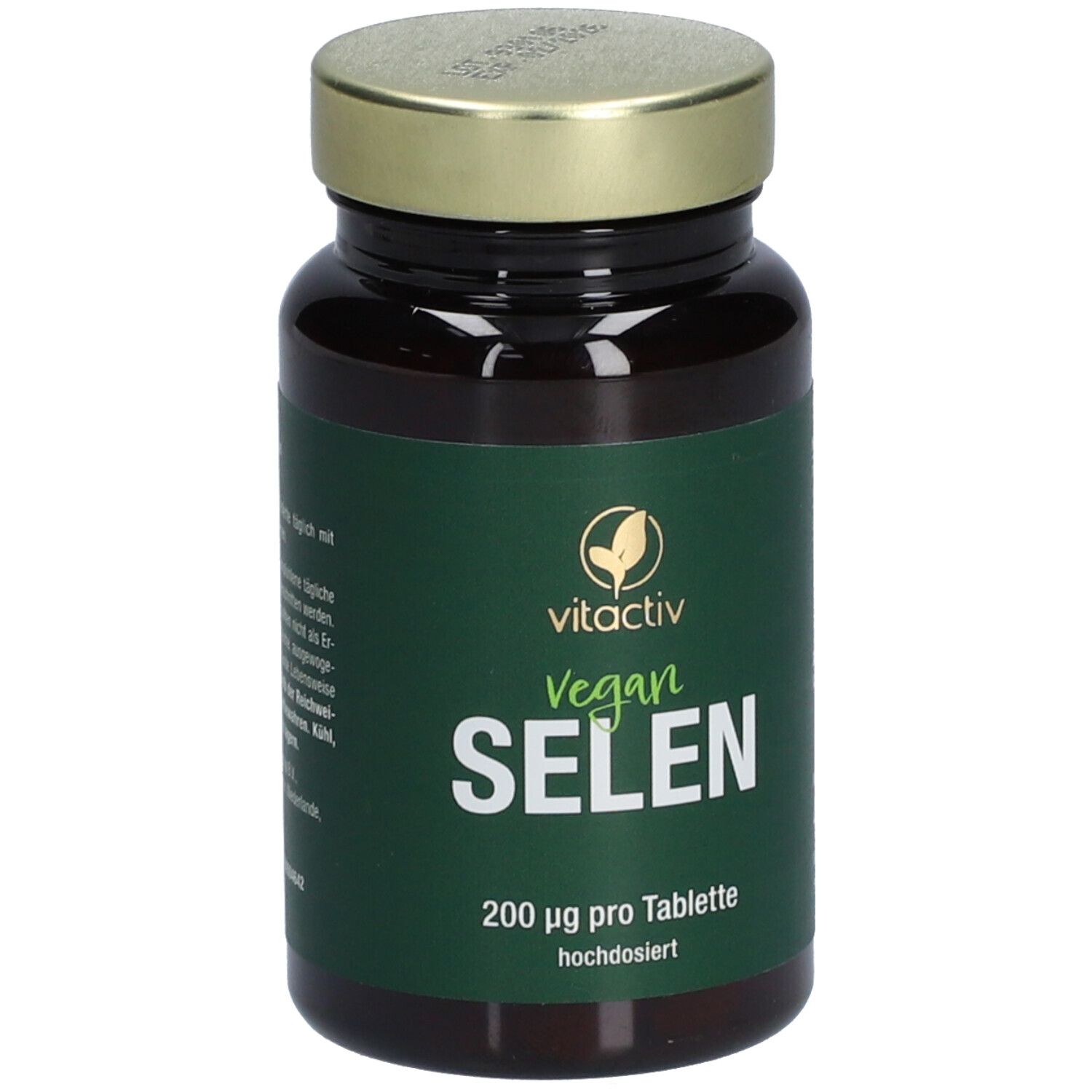 Braune Glasflasche mit goldfarbenem Deckel. Etikett mit "vitactiv Vegan SELEN 200 µg".