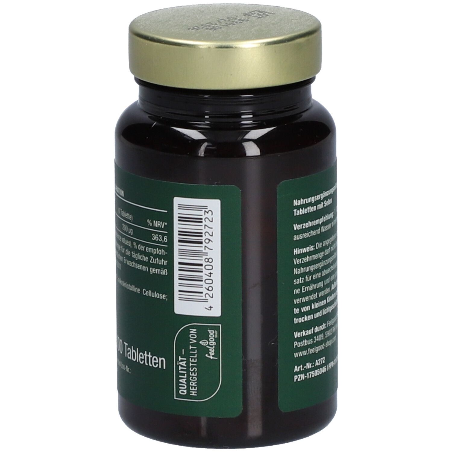 Braune Glasflasche mit goldfarbenem Deckel. Etikett mit "vitactiv Vegan SELEN 200 µg".